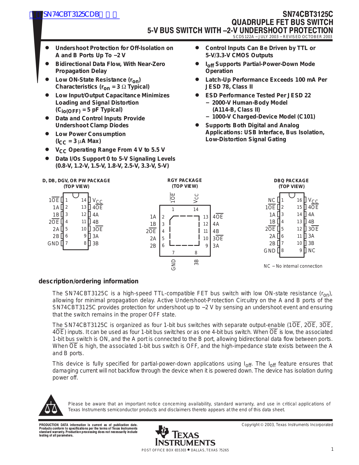 TEXAS INSTRUMENTS SN74CBT3125C Technical data