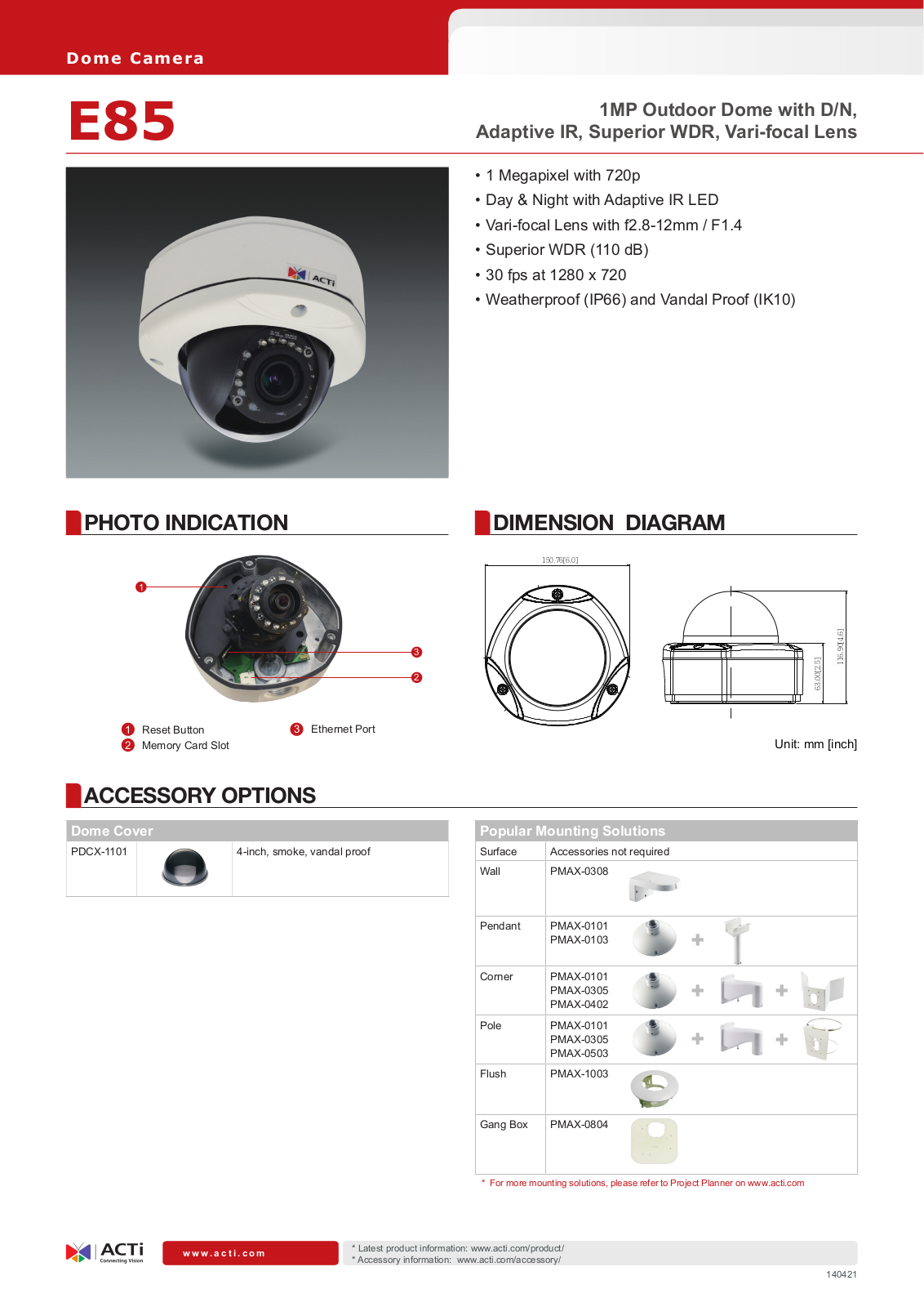 ACTi E85 Specsheet