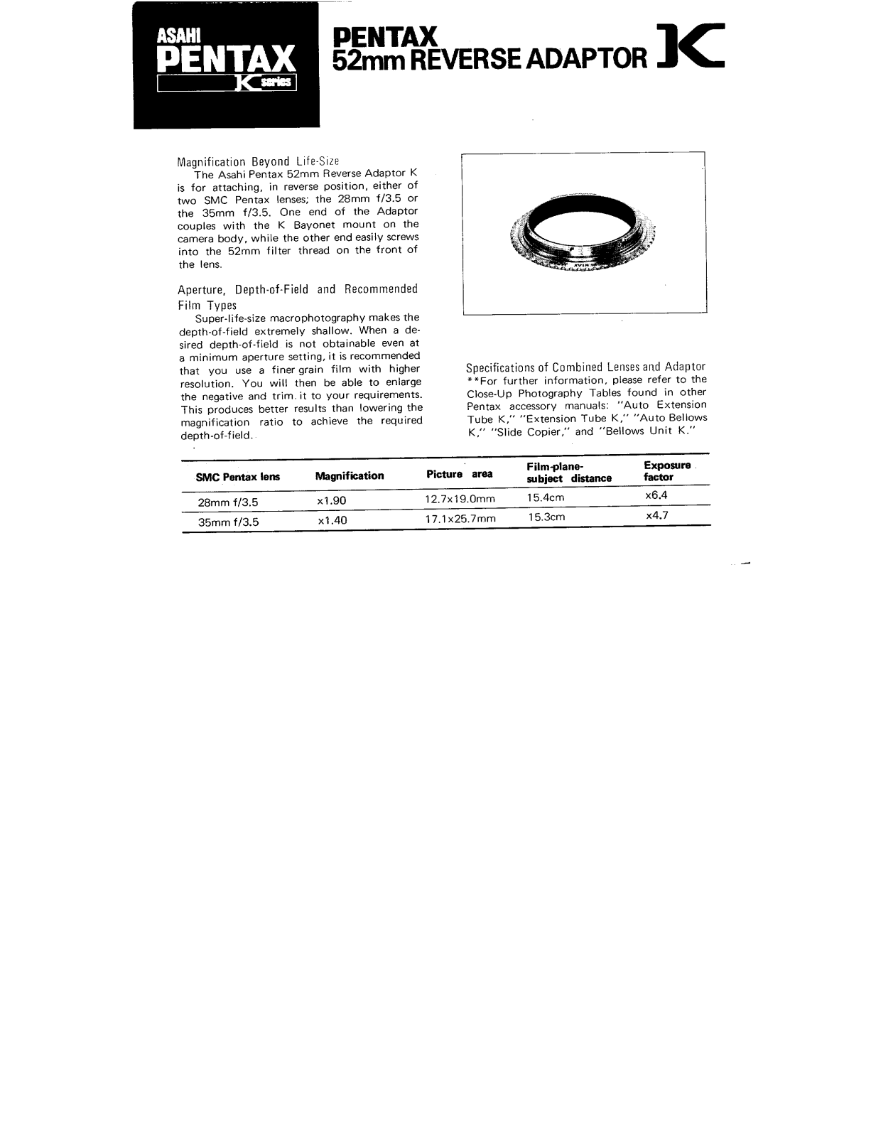 Pentax 52MM REVERSE ADAPTER K Owners Manual