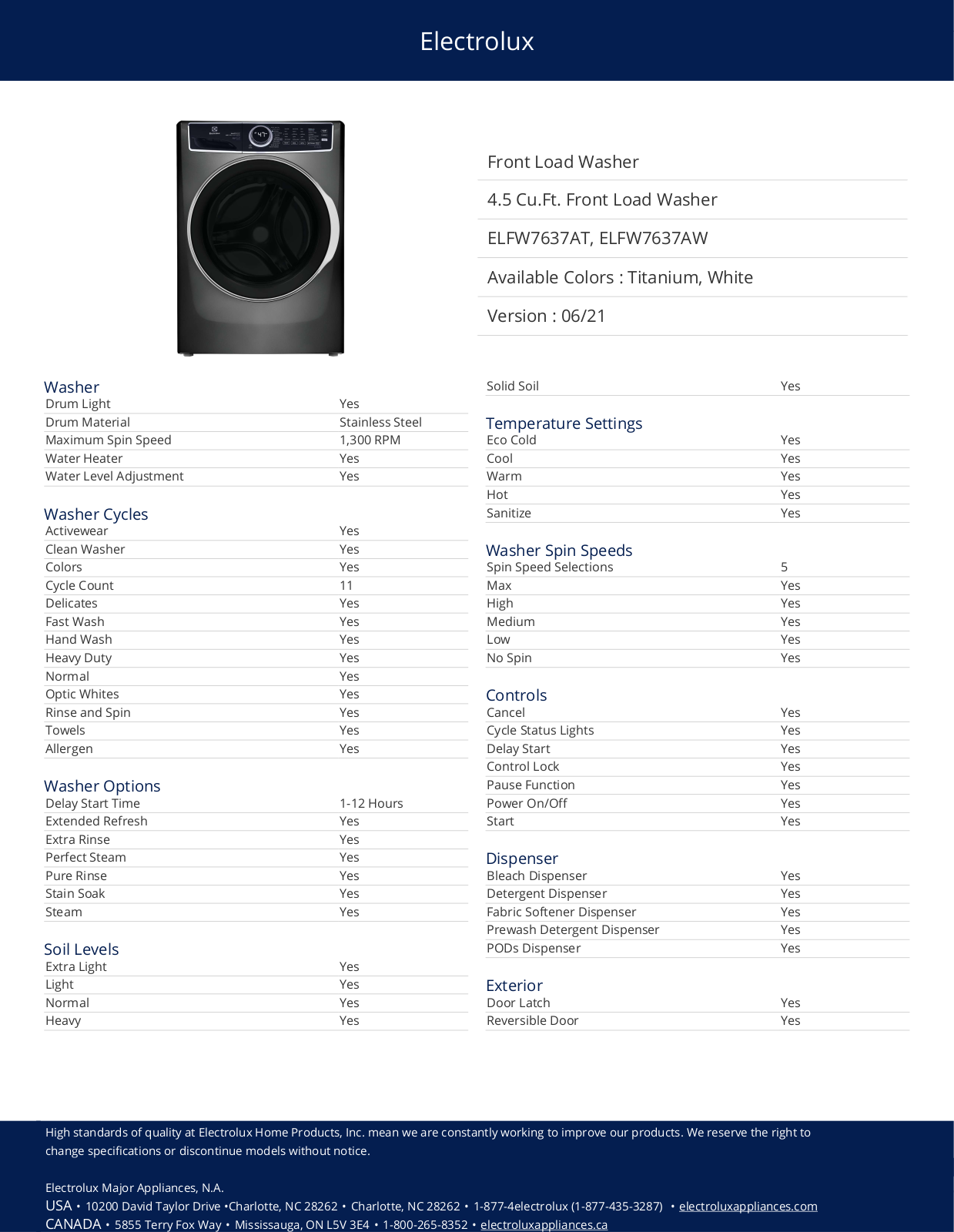 Electrolux ELFW7637AT, ELFW7637AW Specification Sheet