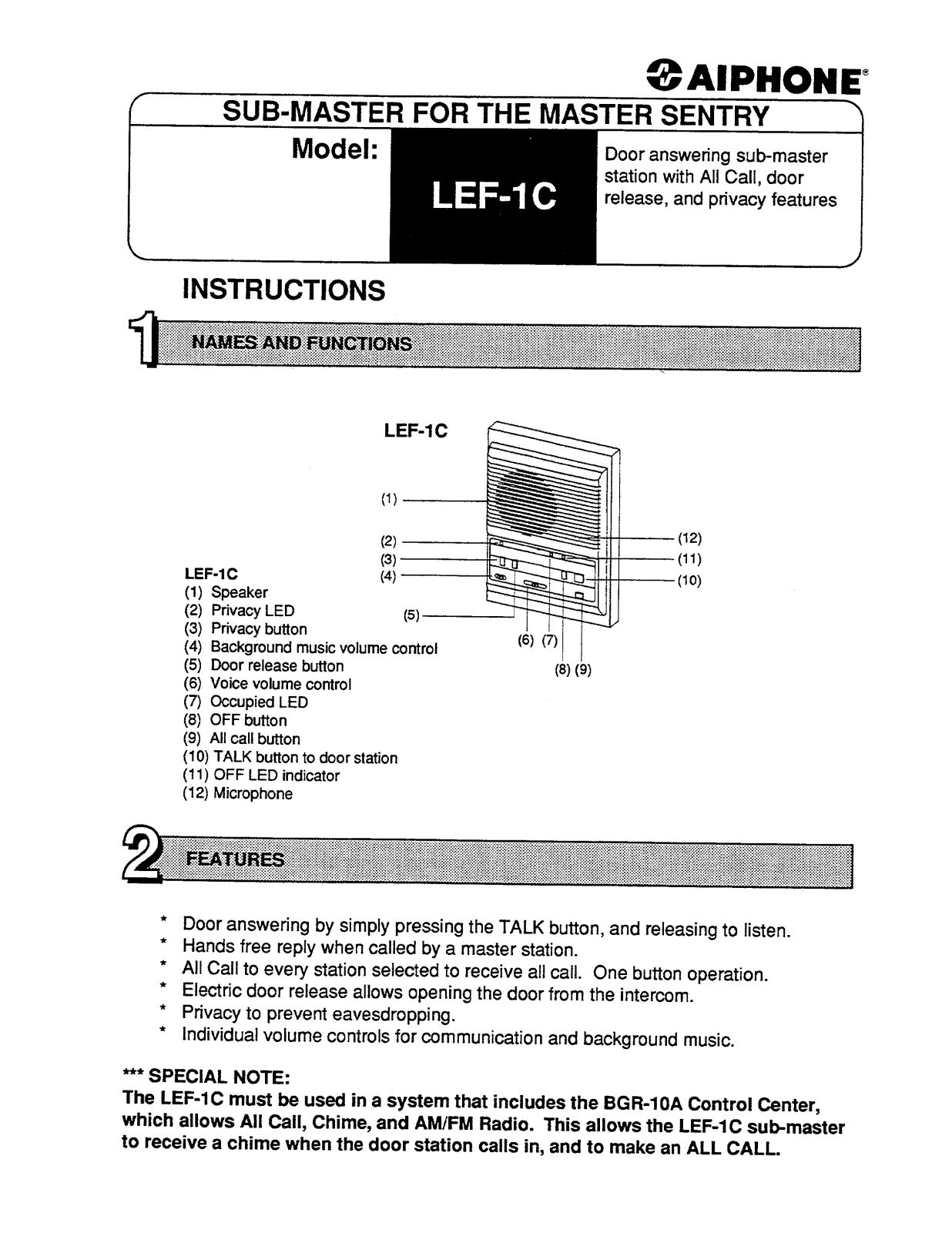 Aiphone LEF-1C User Manual