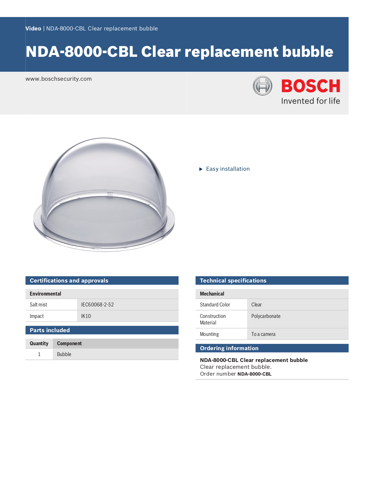 Bosch NDA-8000-CBL Specsheet