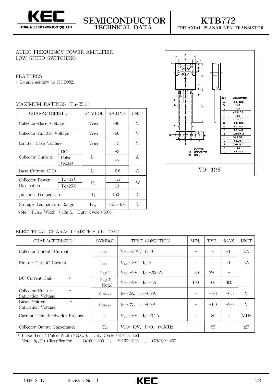 KEC KTB772 Datasheet