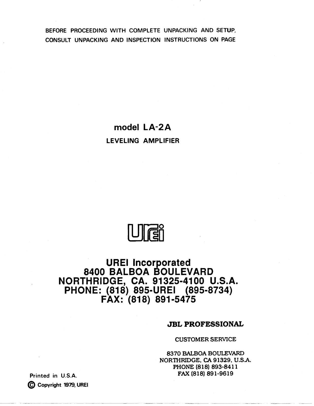 JBL UREI LA-2A User Manual