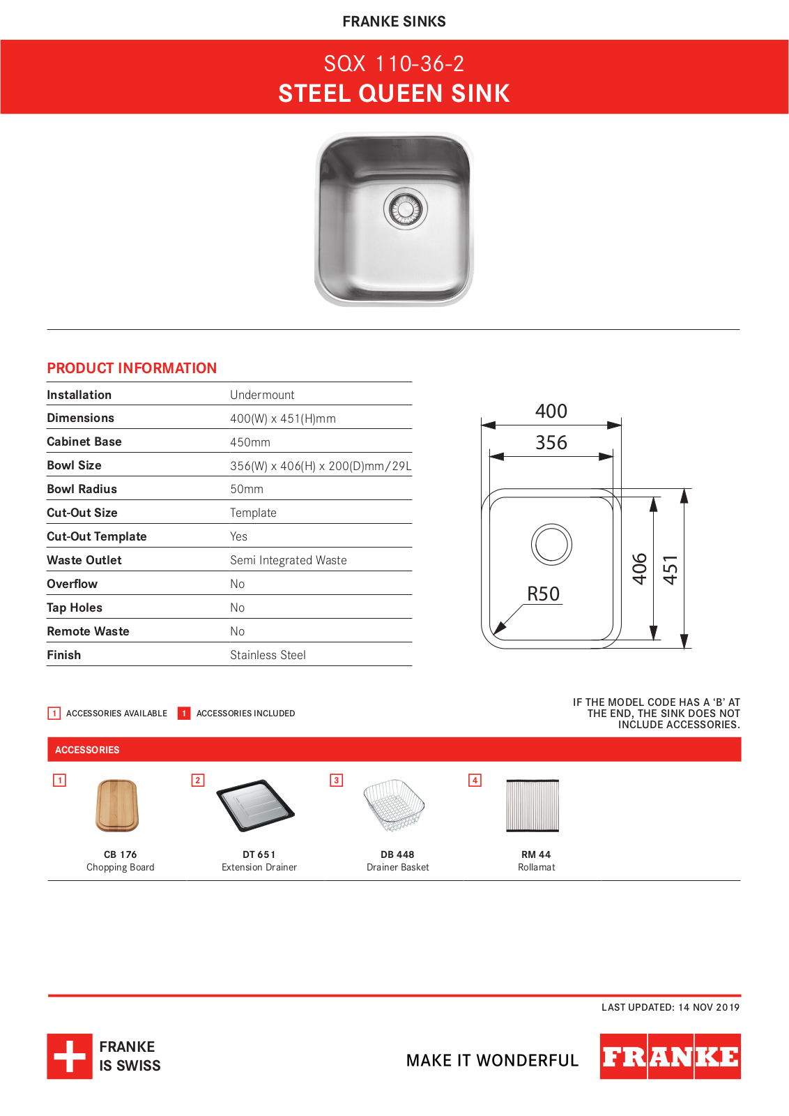 Franke SQX110-36-2 Specifications Sheet