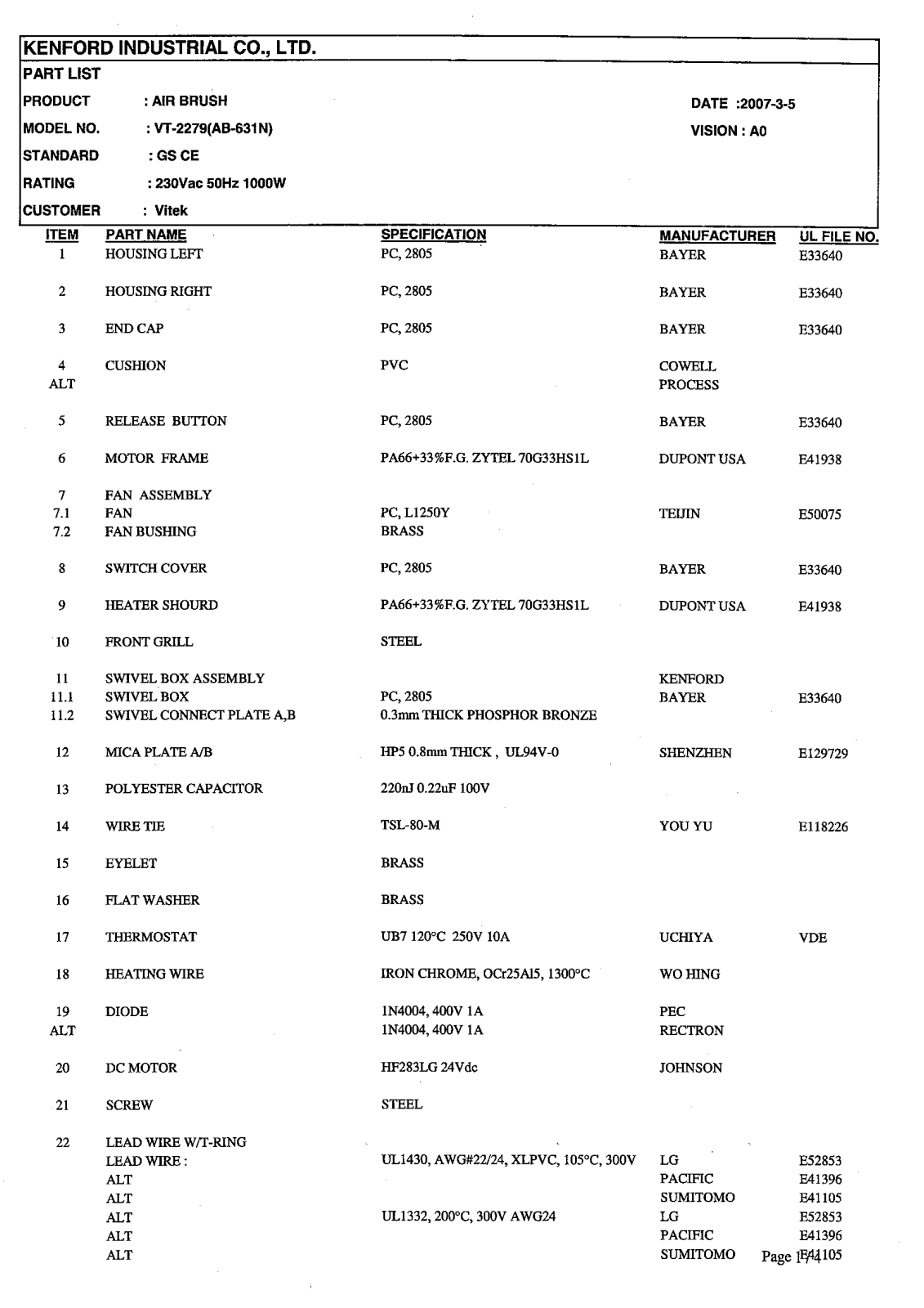 Vitek VT-2279 Parts List