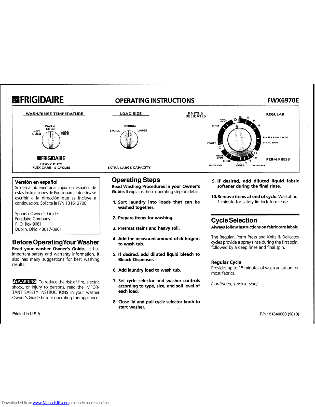 Frigidaire FWX6970E Operating Instructions Manual