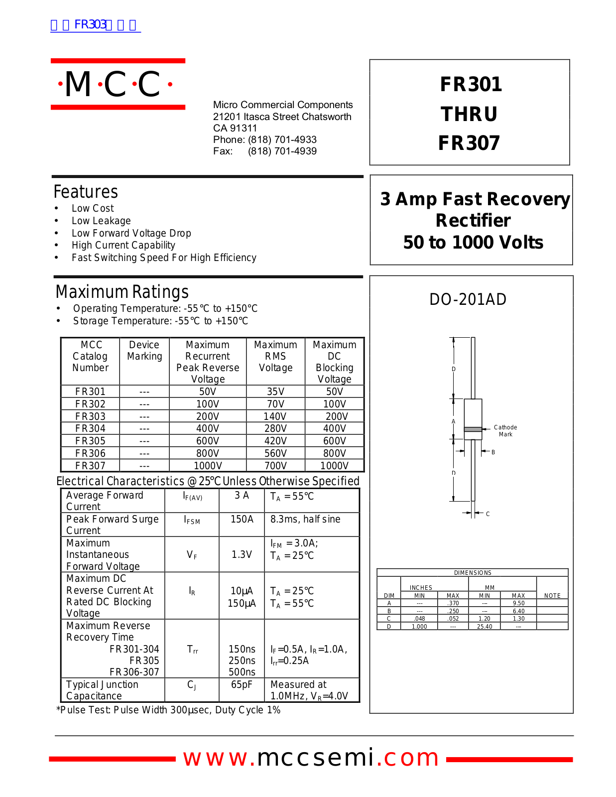 Micro Commercial Components FR301, FR307 Technical data