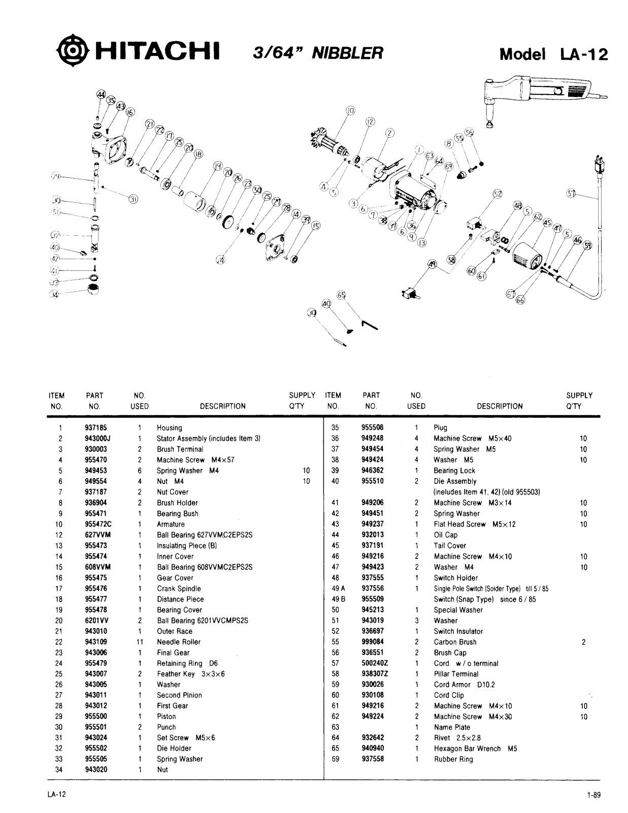 Hitachi LA12 PARTS LIST