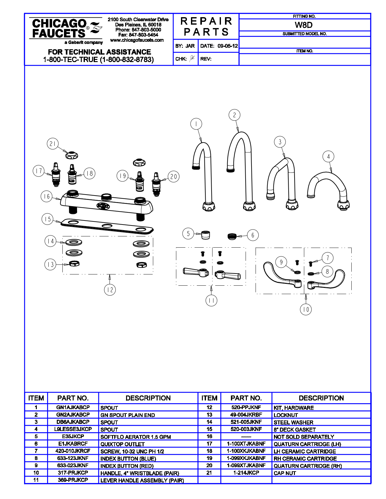 Chicago Faucet W8D Parts List