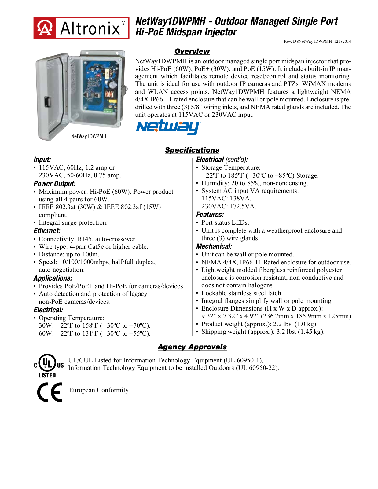 Altronix NETWAY1DWPMH Specsheet