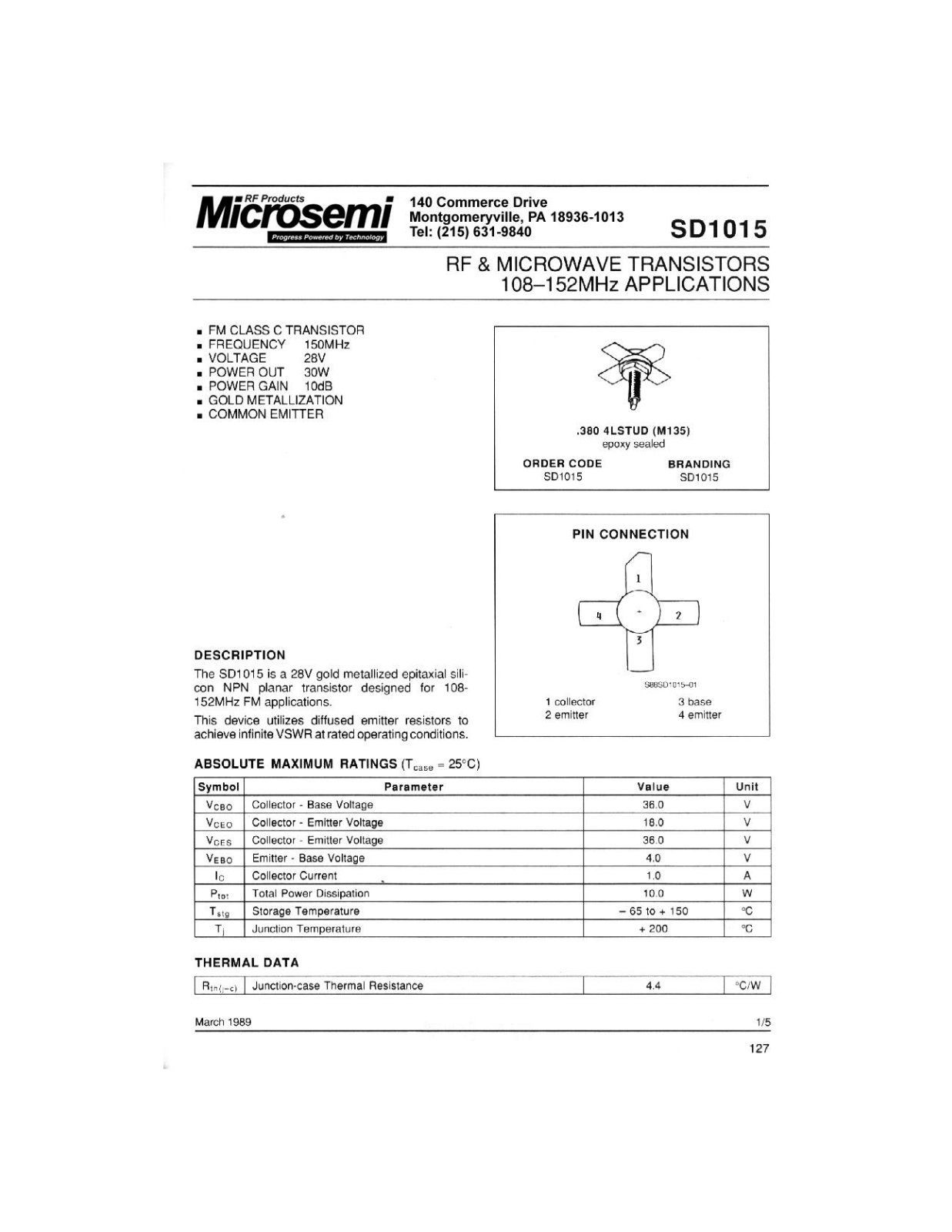 Microsemi Corporation SD1015 Datasheet