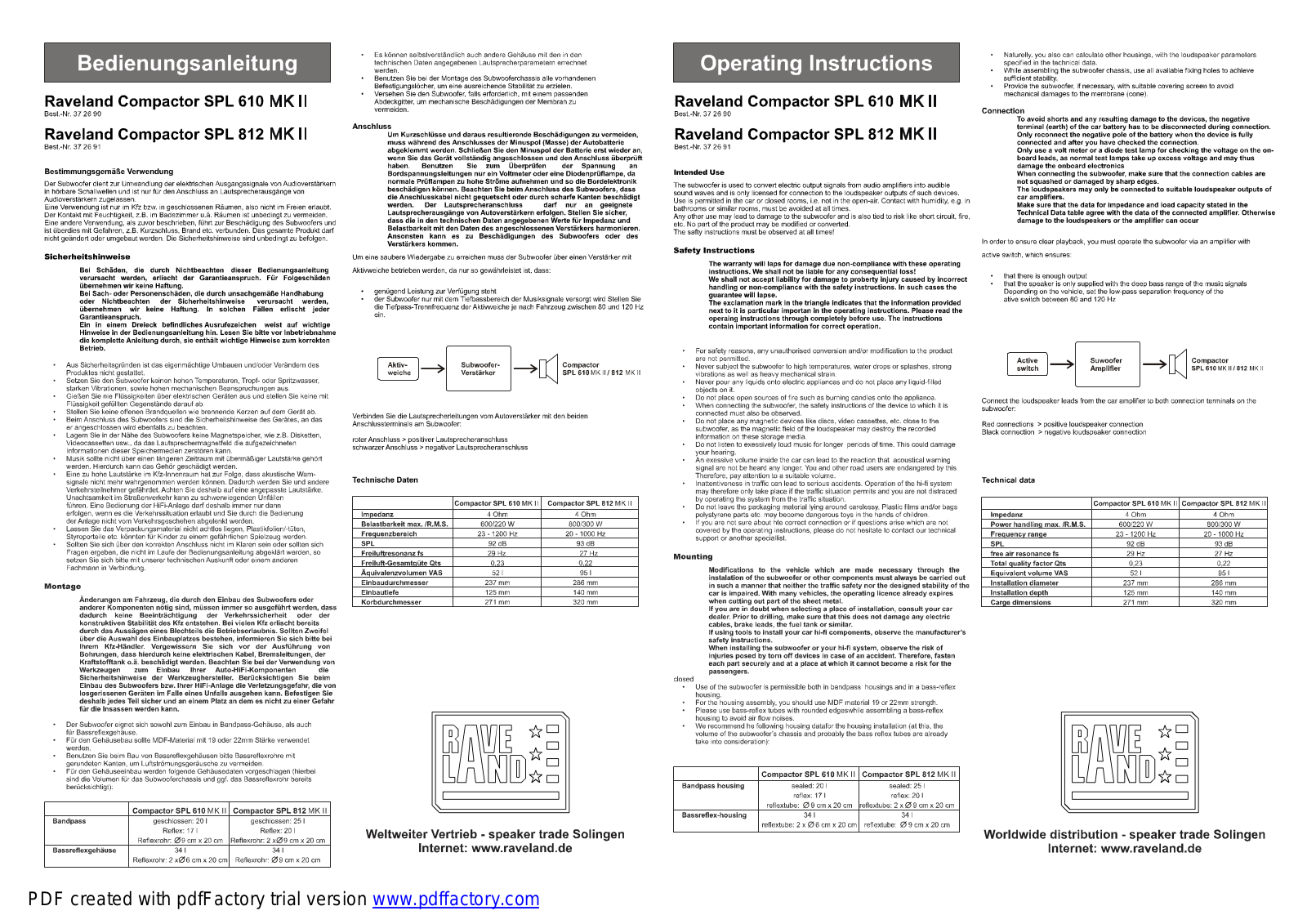 Raveland SPL-610 MK II, SPL-812 MK II Operating Instructions