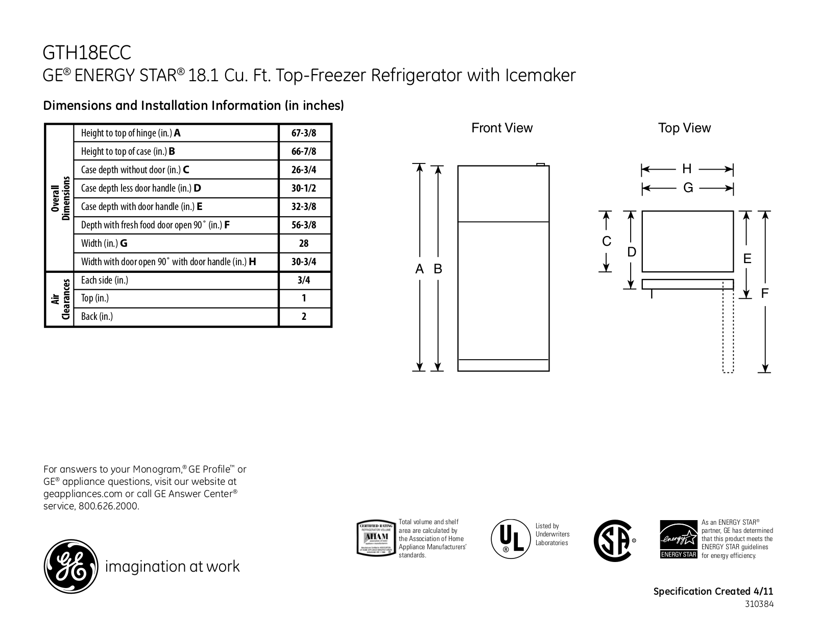 GE GTH18ECC Specification