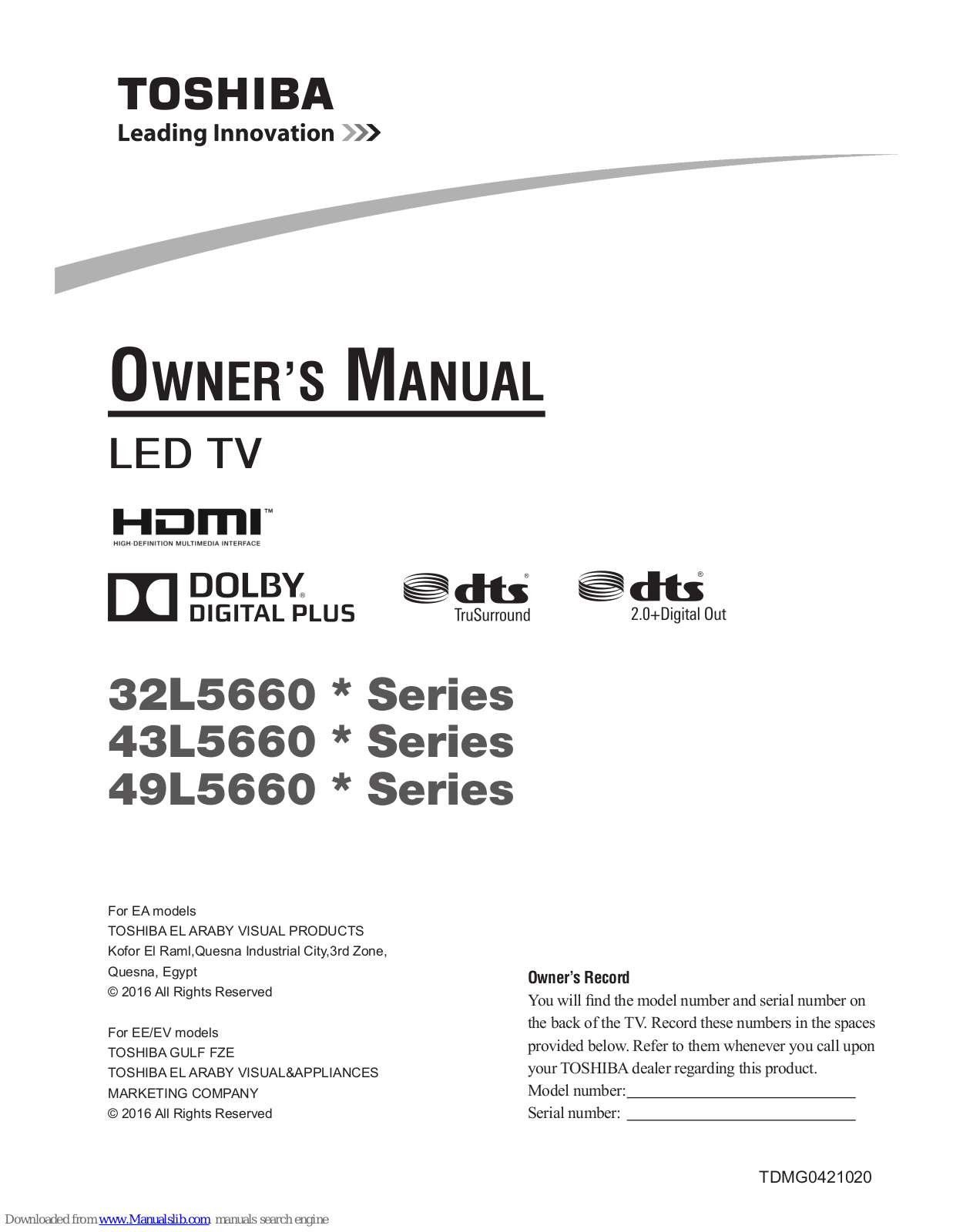 Toshiba 32L5660* Series, 43L5660* Series, 49L5660* Series Owner's Manual