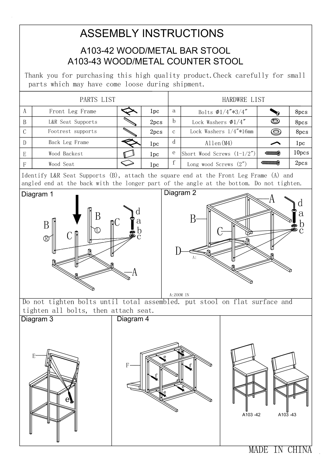 Progressive Furniture A10342, A10343 Assembly Guide