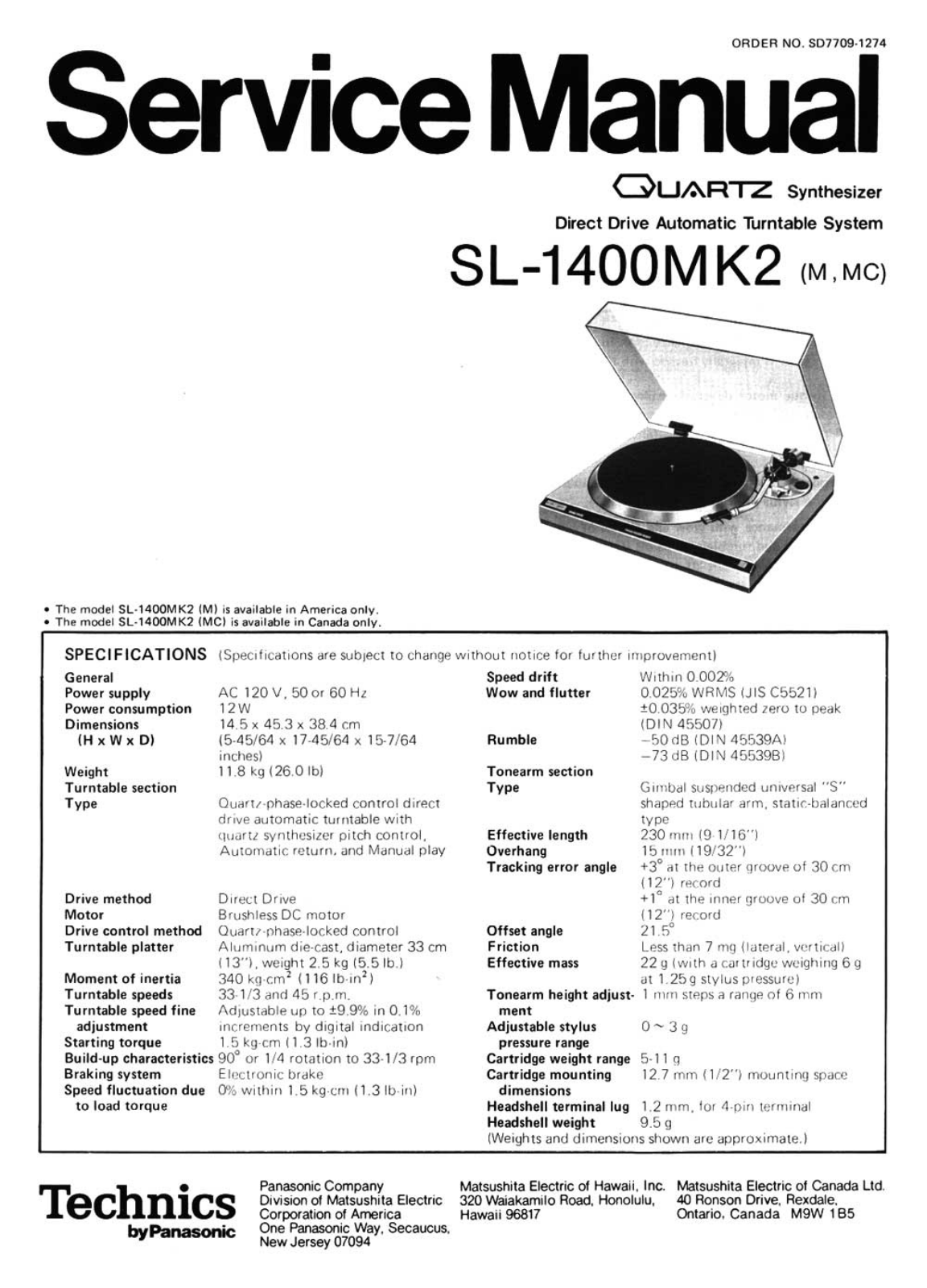 Technics SL-1400 Mk2 Service manual