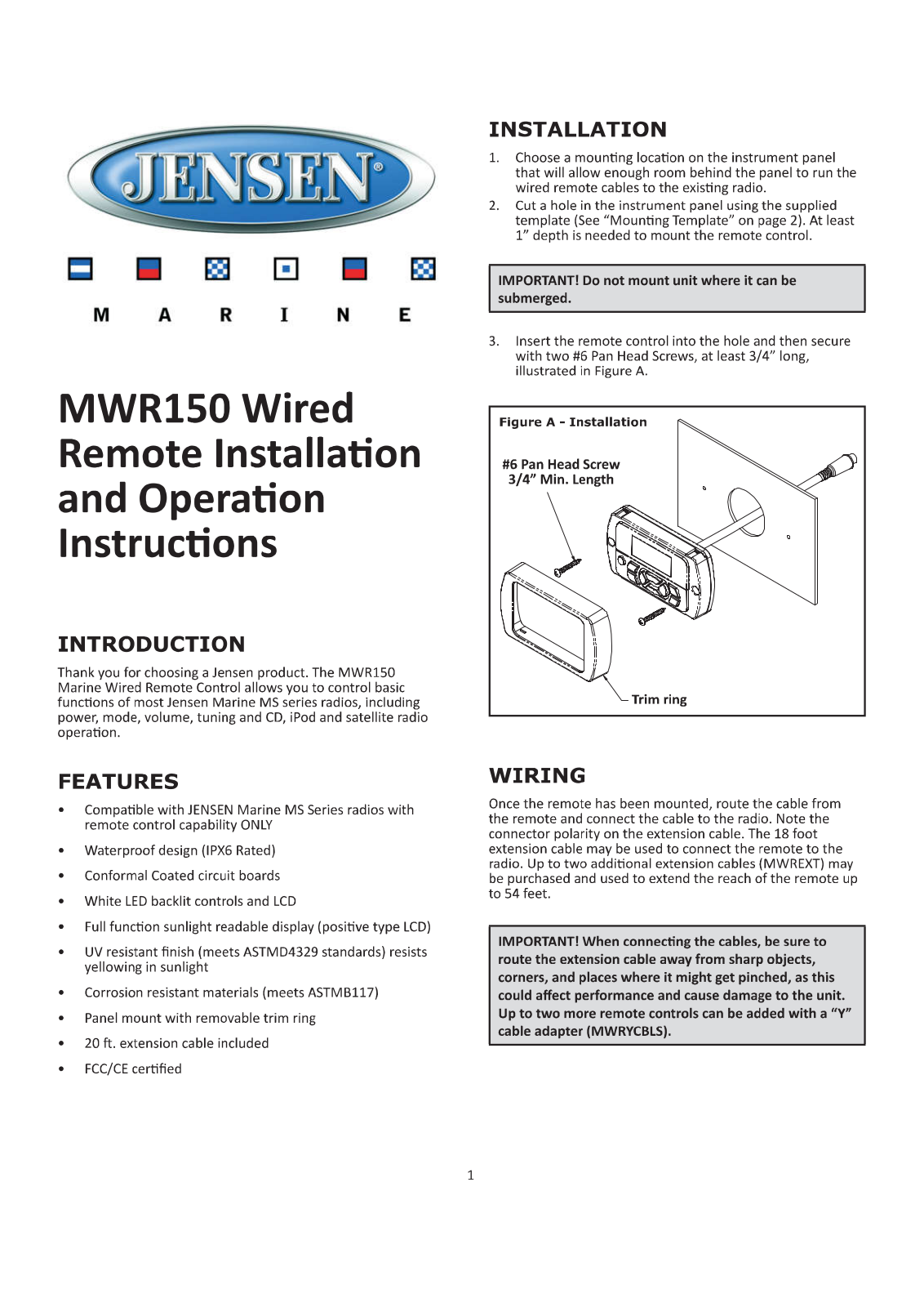 Jensen MWR150 User Manual