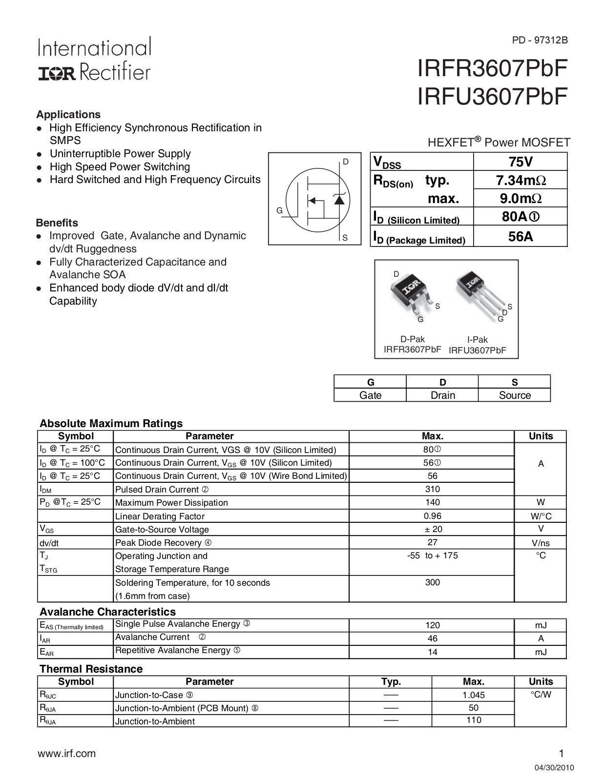 Datasheet IRFR3607PBF Datasheet - ManualMachine.com