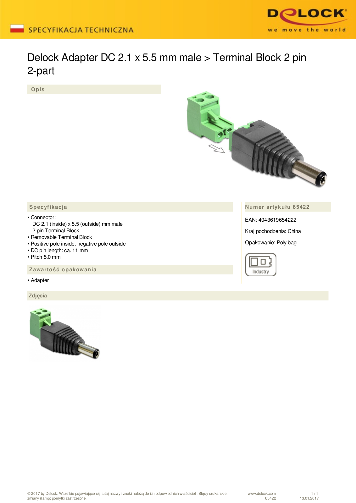 DeLOCK Terminalblock adapter, 2-Pin on 2.1-5.5mm barrel connector User Manual