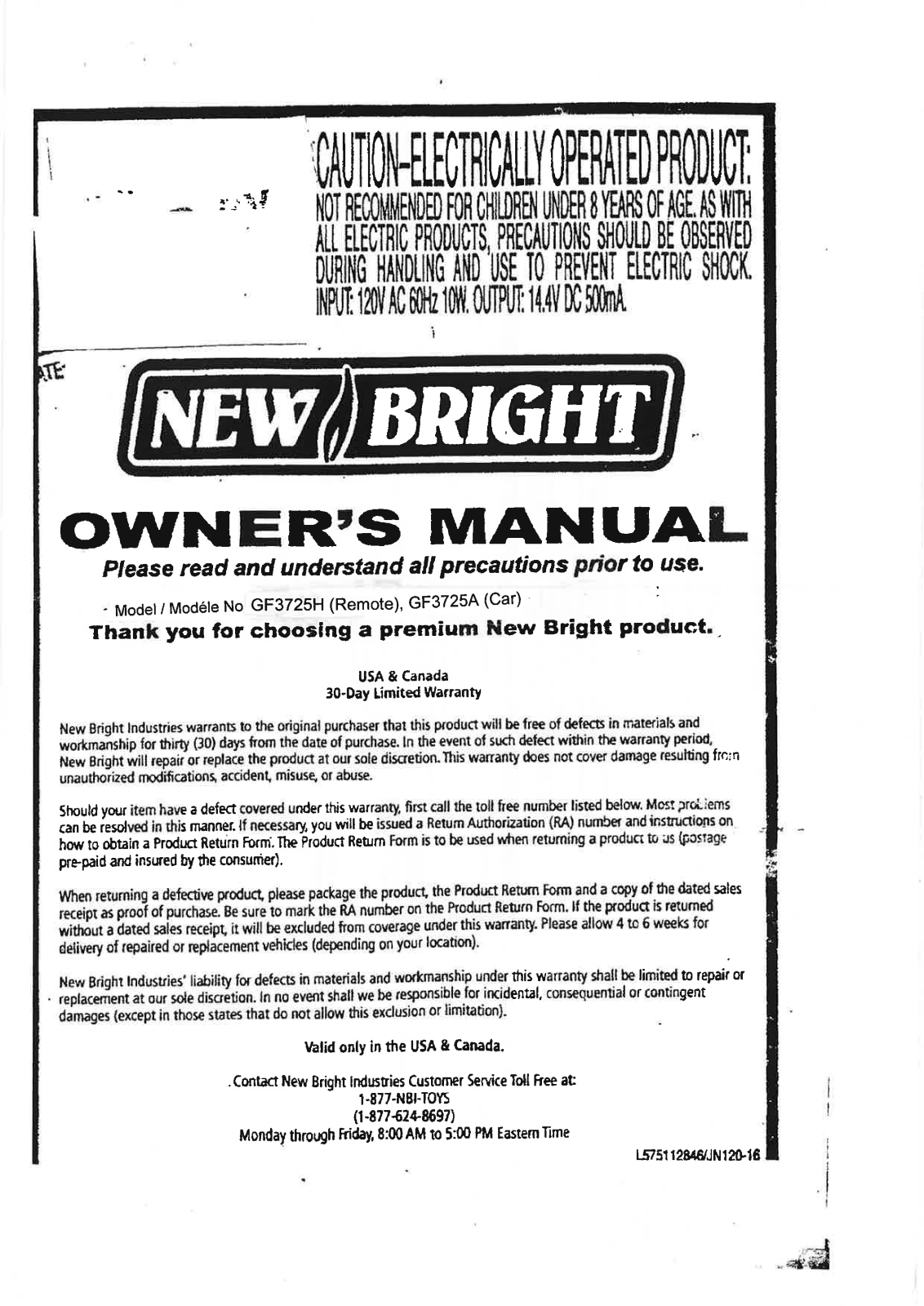 New Bright Co GF3725H User Manual