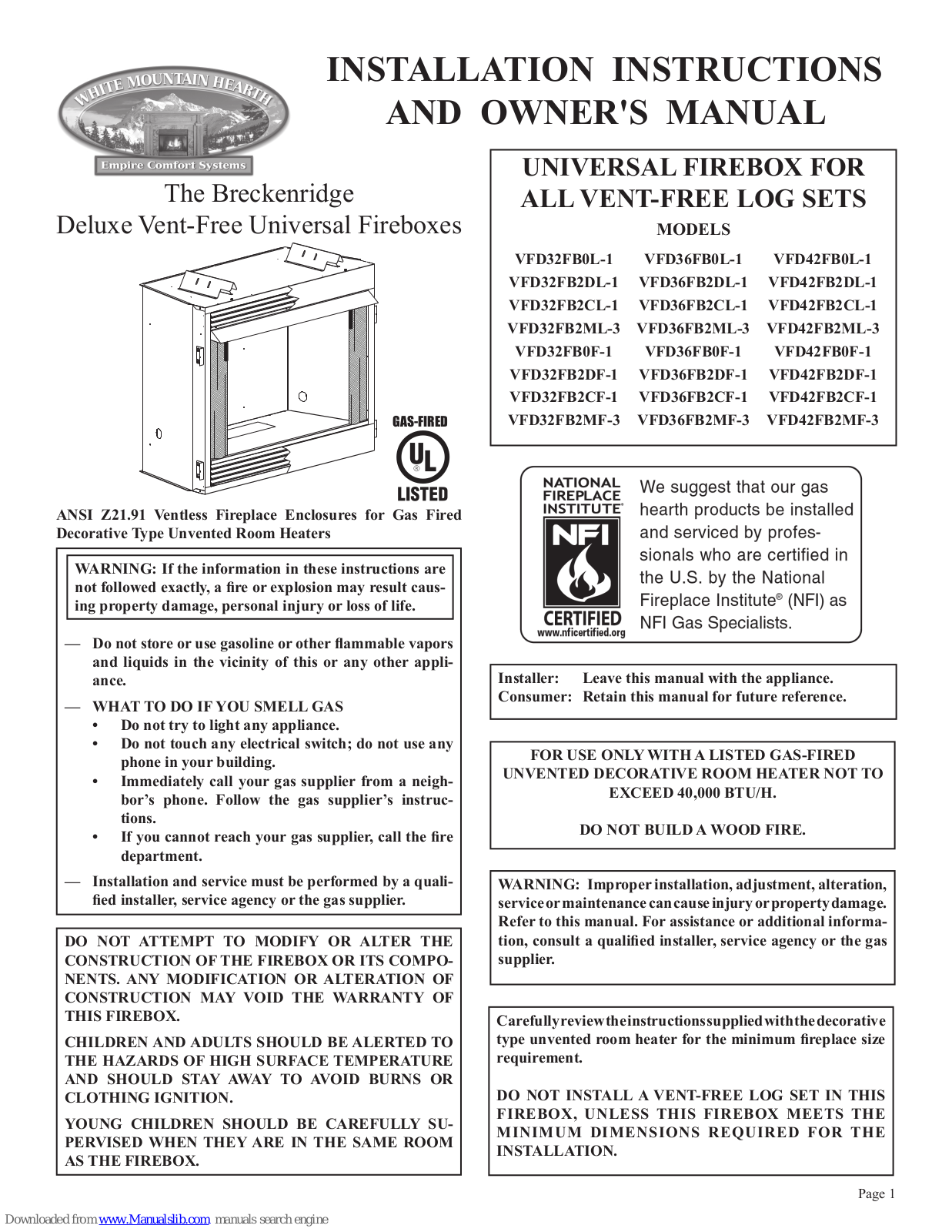 Empire Comfort Systems VFD32FB2ML-3, VFD32FB2CL-1, VFD32FB2DF-1, VFD32FB2CF-1, VFD32FB2MF-3 Owner's Manual