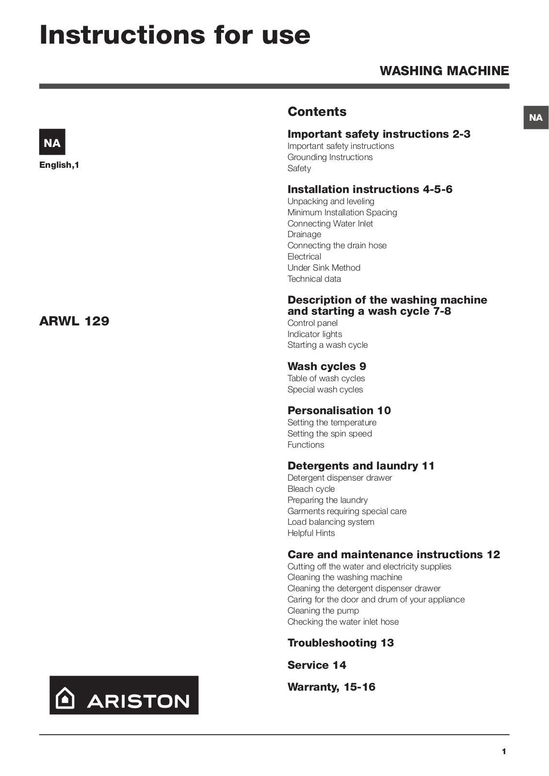 Hotpoint ARWL 129, ARWL 129 S User Manual