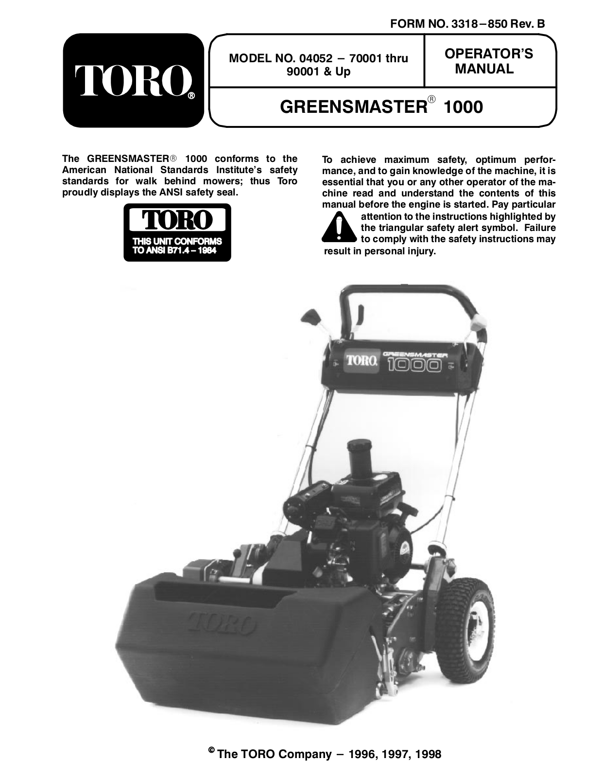 Toro 04052 Greensmaster 1000, 04048, 04048TE, greensmaster 800 series Operator's Manual