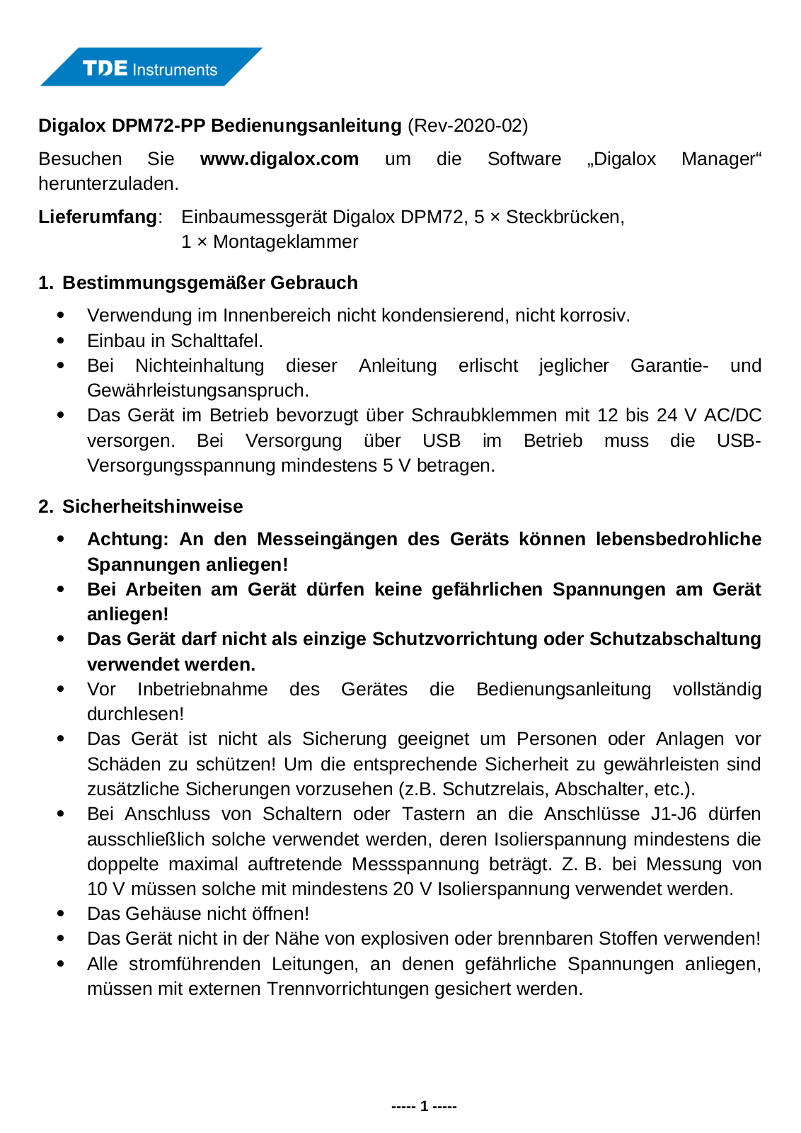 TDE Instruments Digalox DPM72-PP User guide