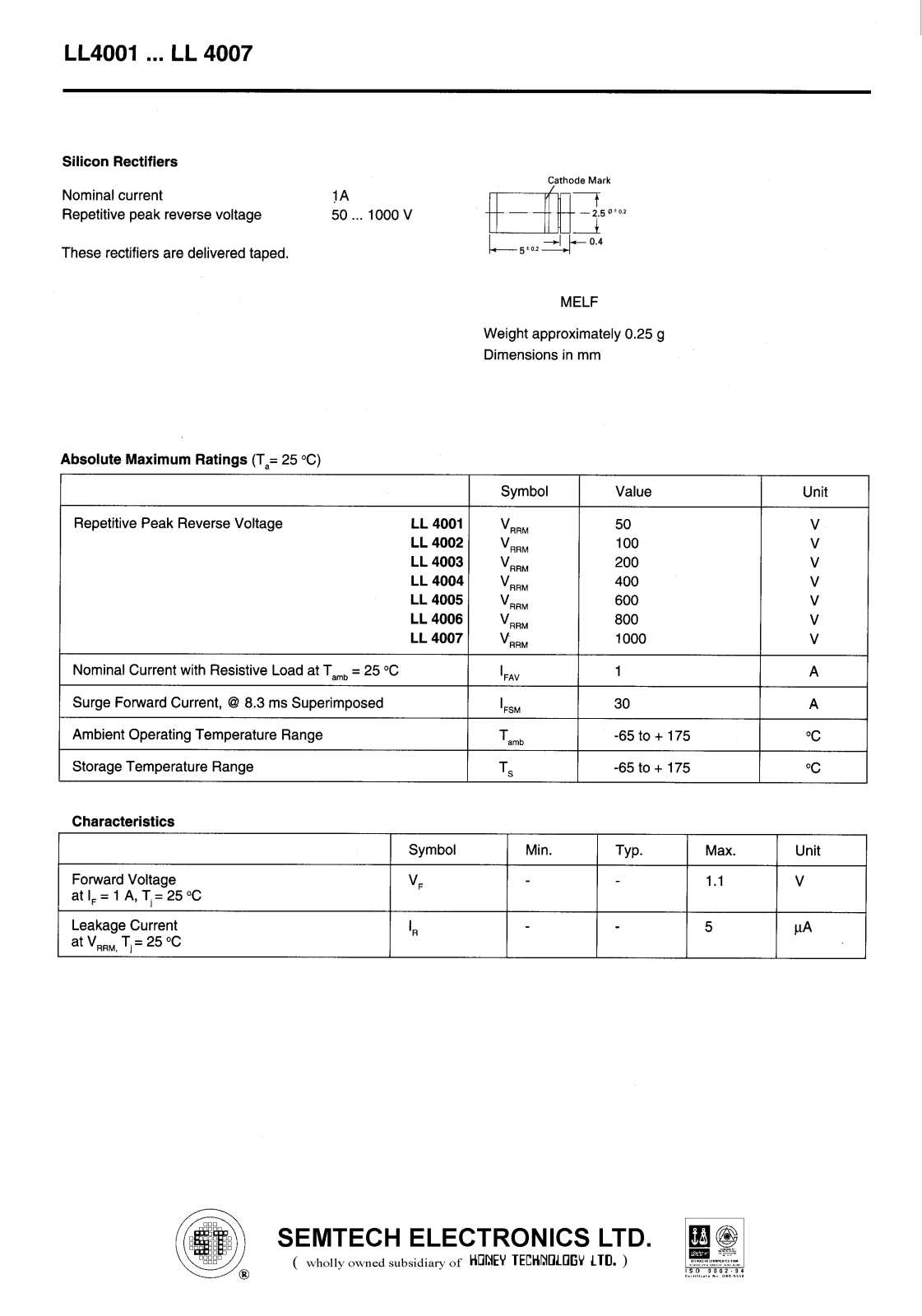 SEMTECH ELECTRONICS LL4007, LL4006, LL4005, LL4003, LL4002 Datasheet