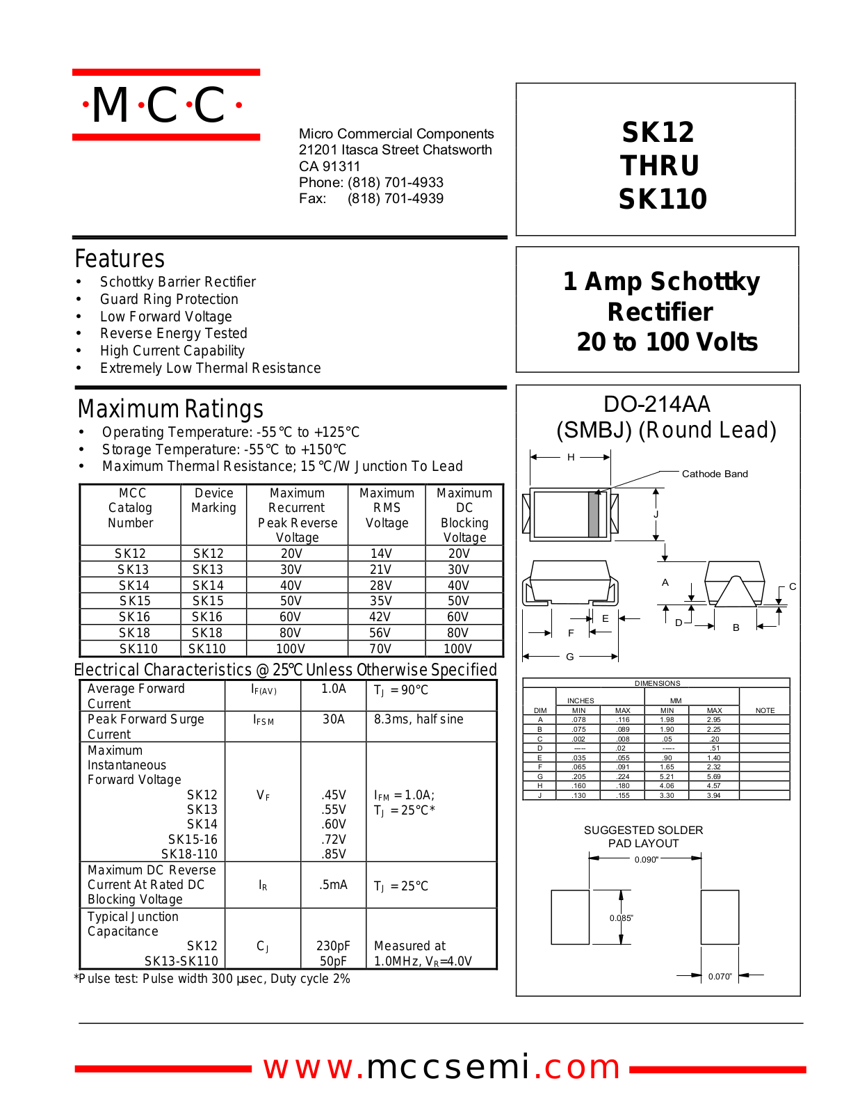 MCC SK12, SK110, SK14, SK18, SK16 Datasheet