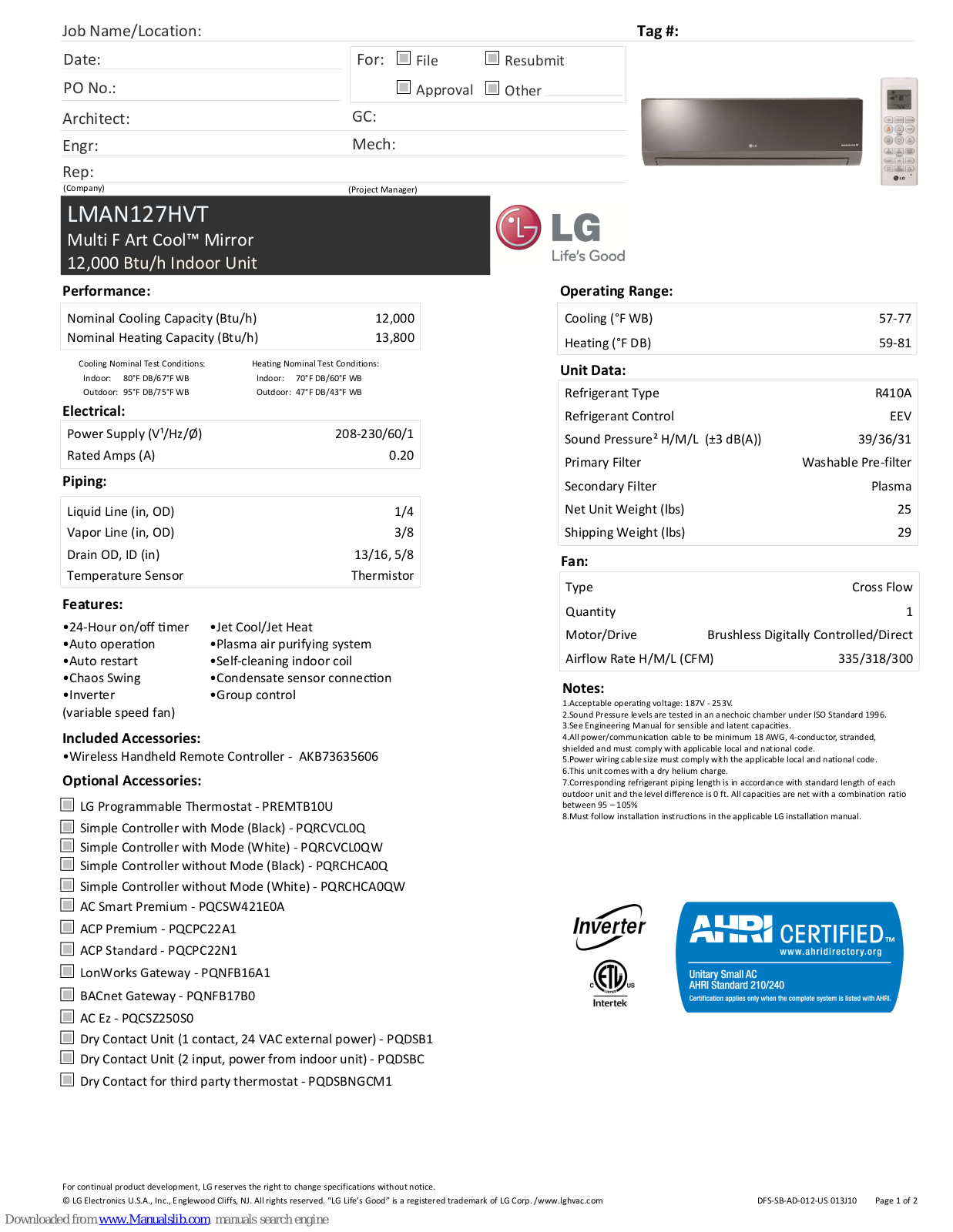 LG Art Cool LMAN127HVT Information