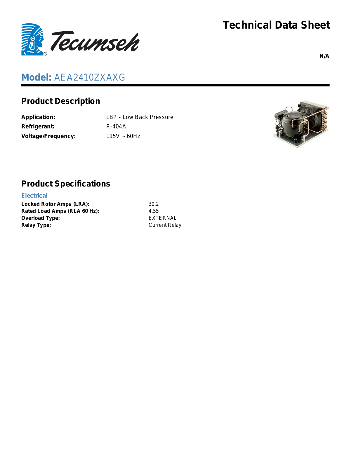 Tecumseh AEA2410ZXAXG Technical Data Sheet