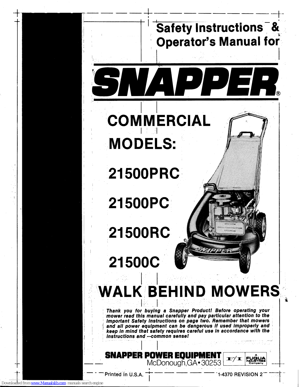 Snapper 21500PRC,21500RC,21500PC,21500C Safety Instructions & Operator's Manual