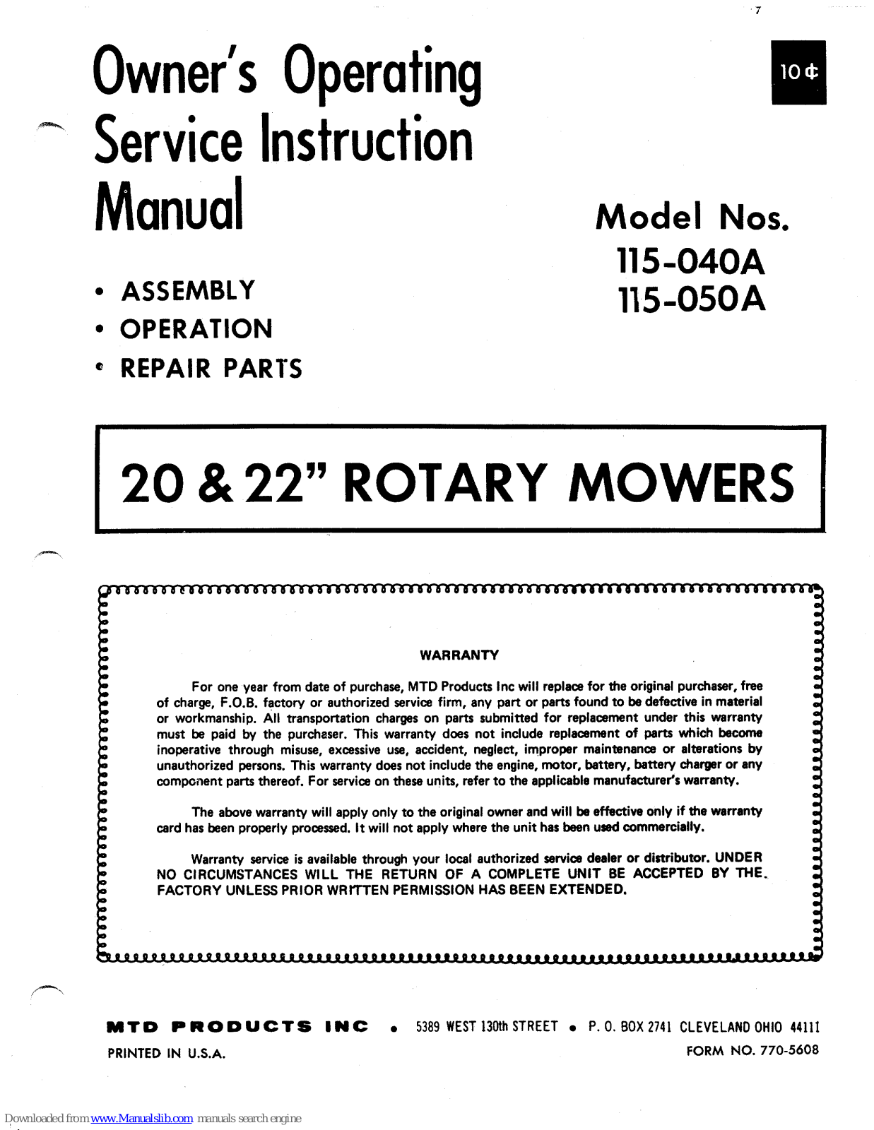 MTD 115-040A, 115-050A Owner's Operating Service Instruction Manual