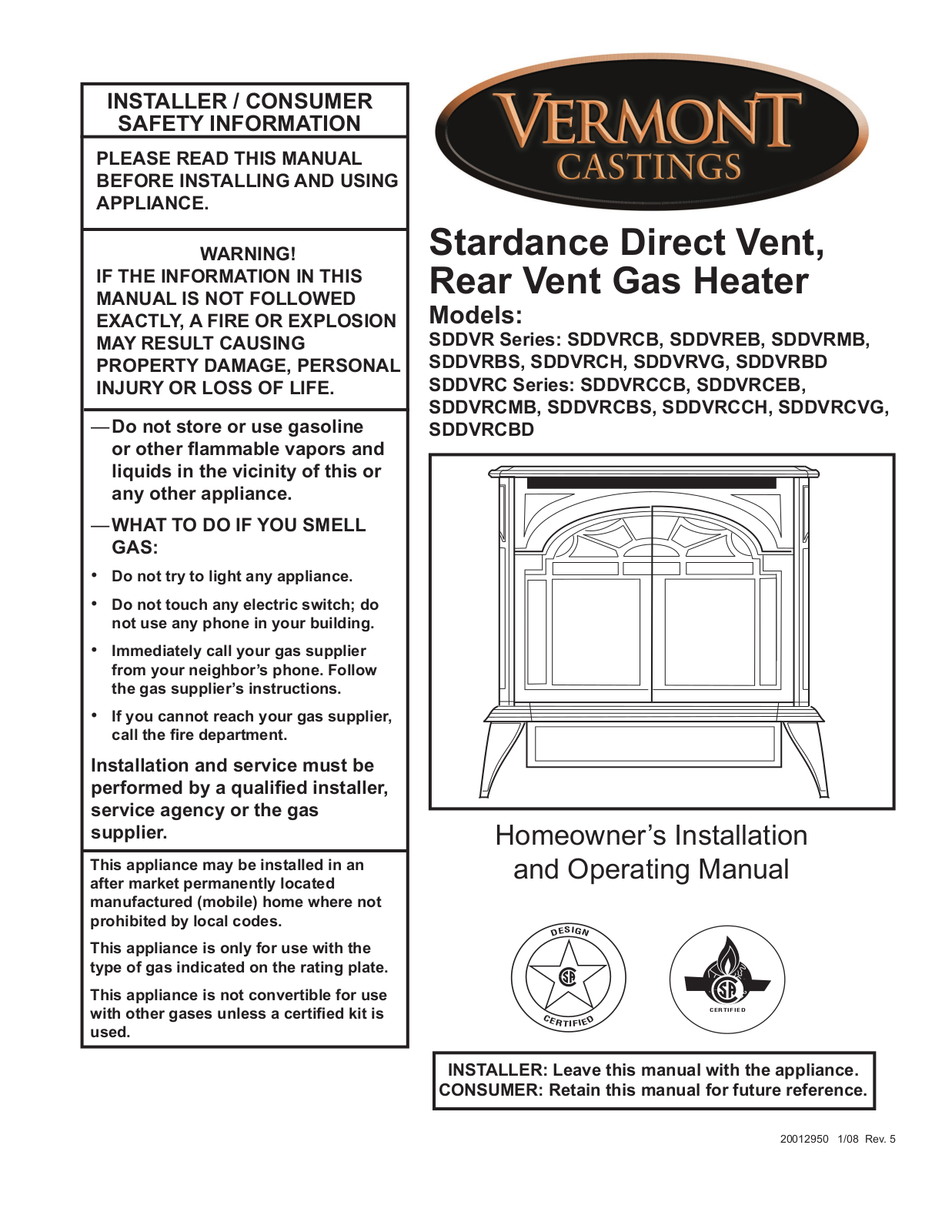 Vermont Casting SDDVRCH, SDDVREB, SDDVRBS, SDDVRCB, SDDVRMB User Manual