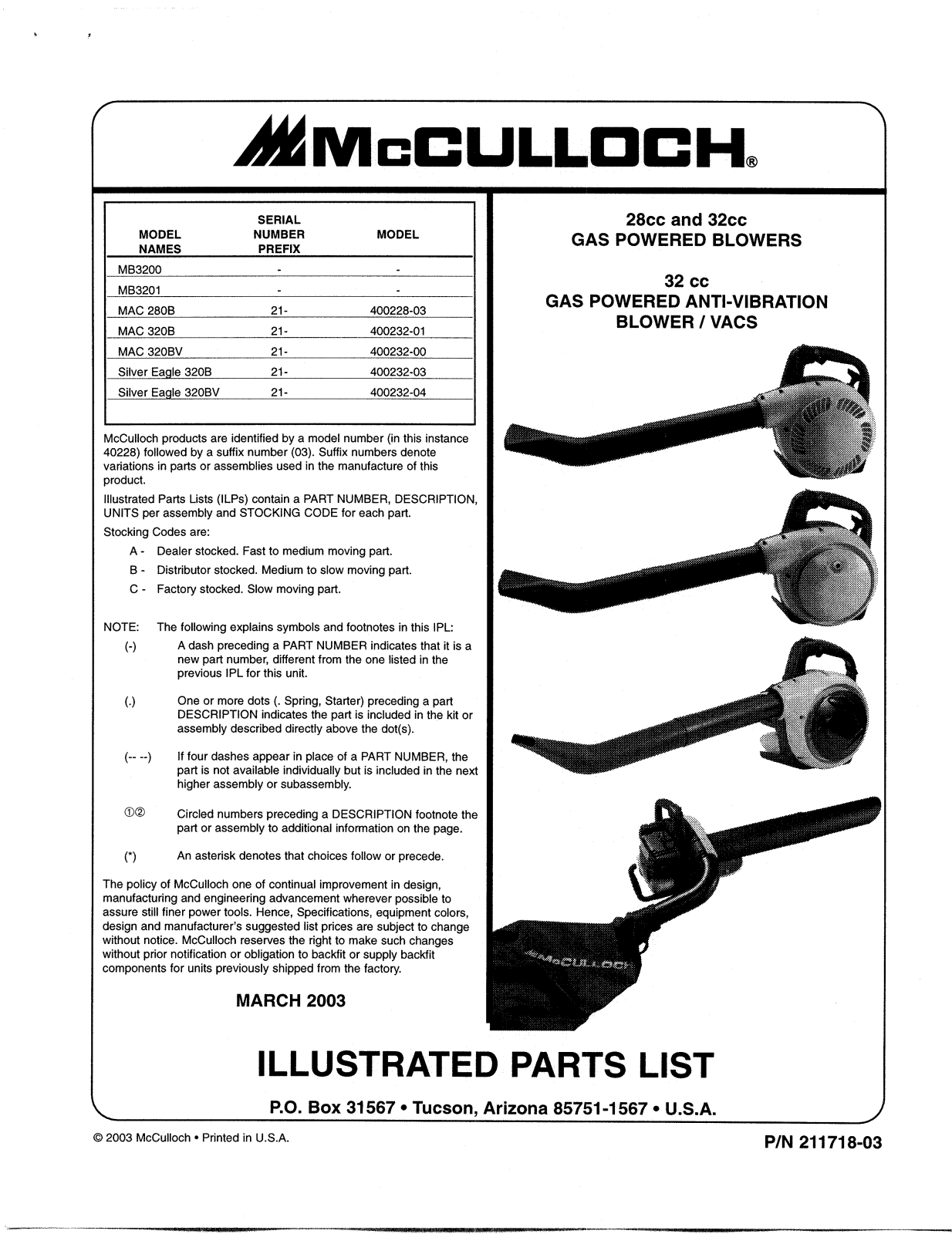 Mtd MAC 320BV PARTS LIST