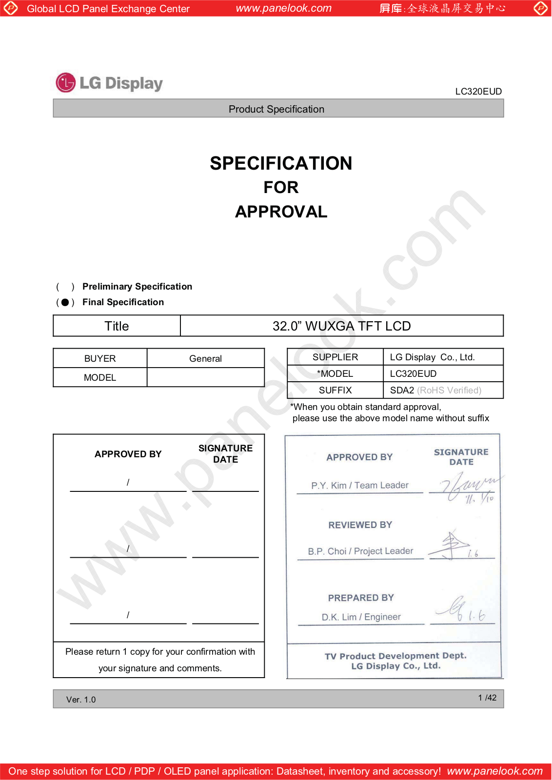 LG Display LC320EUD-SDA2 Specification