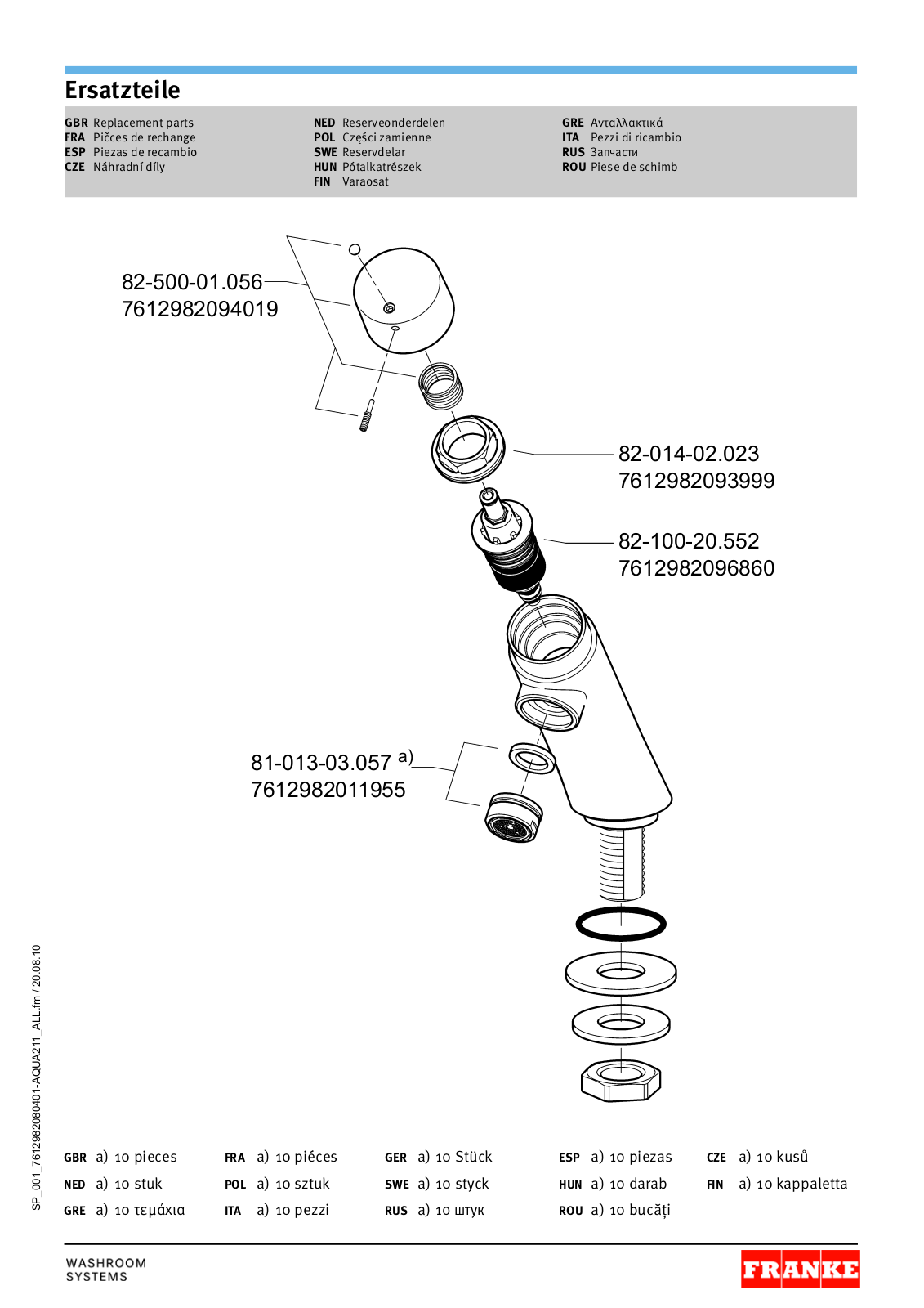 Franke Foodservice AQUA211 Parts List