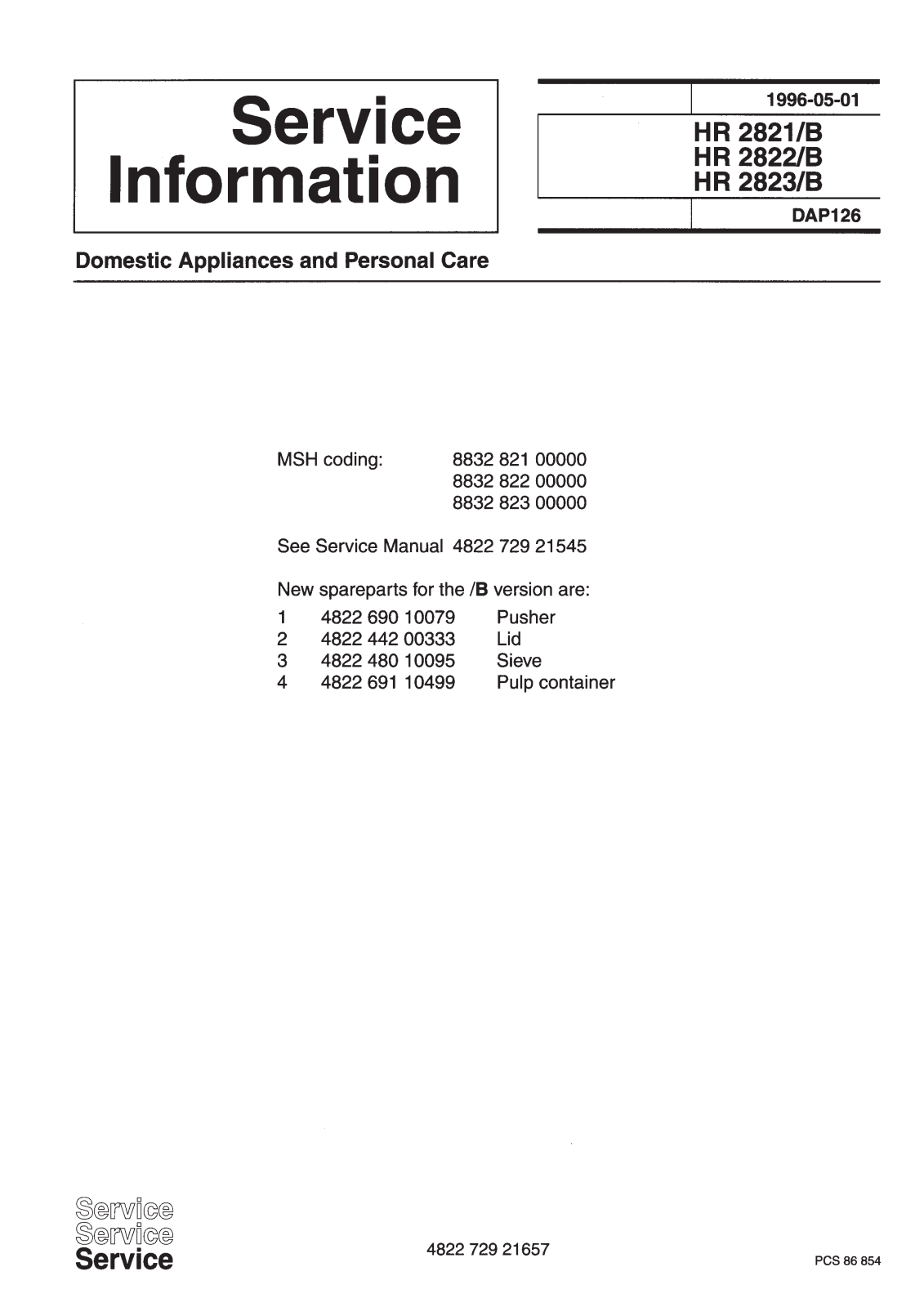 Philips HR 2823-B, HR 2822-B, HR 2821-B Service Manual