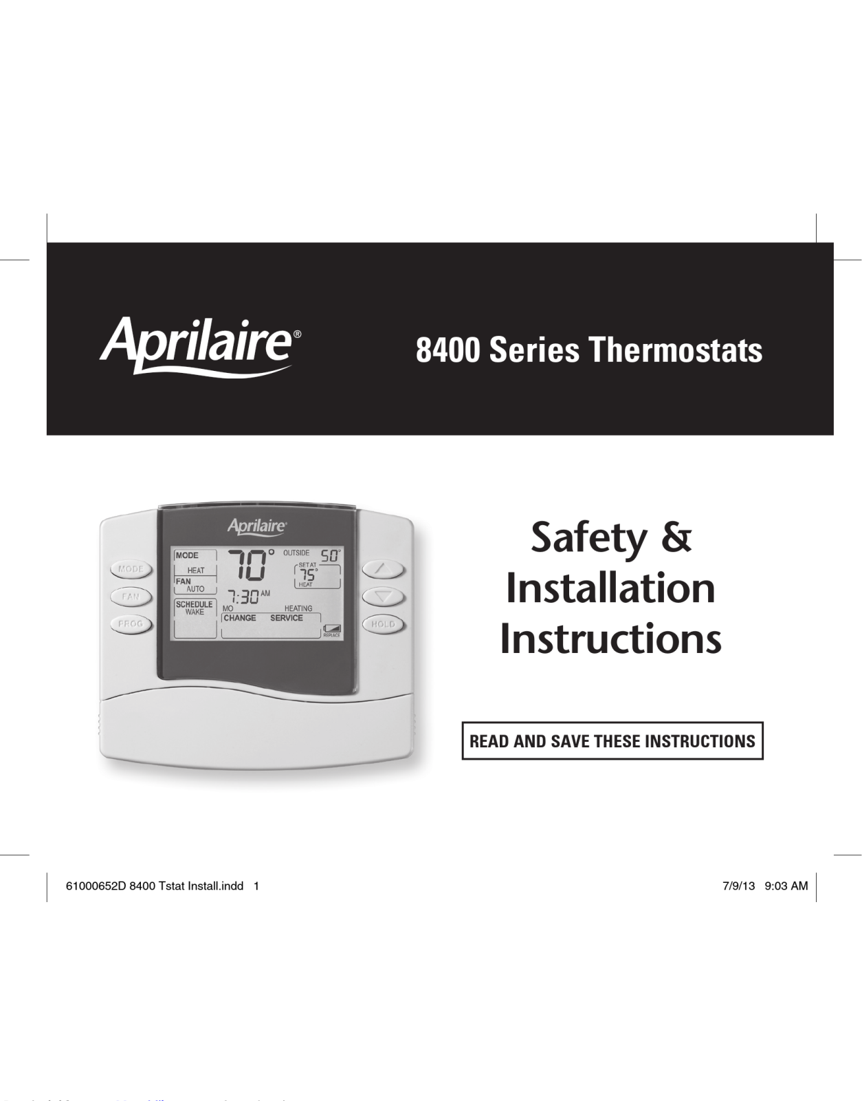 Aprilaire 8400 Installation Instructions Manual