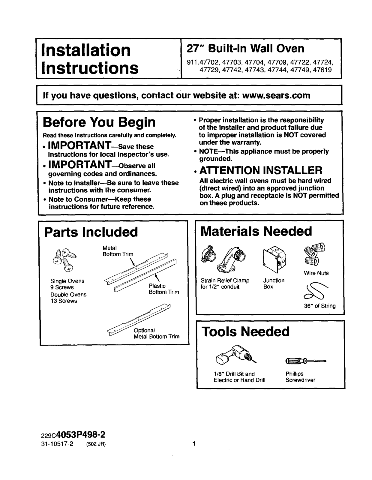 Kenmore 91147744200, 91147749200, 91147742200, 91147724201, 91147729200 Installation Guide - ManualMachine.com
