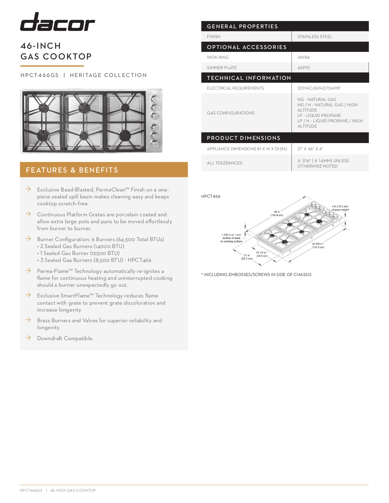 Dacor HPCT466GSNG Specs