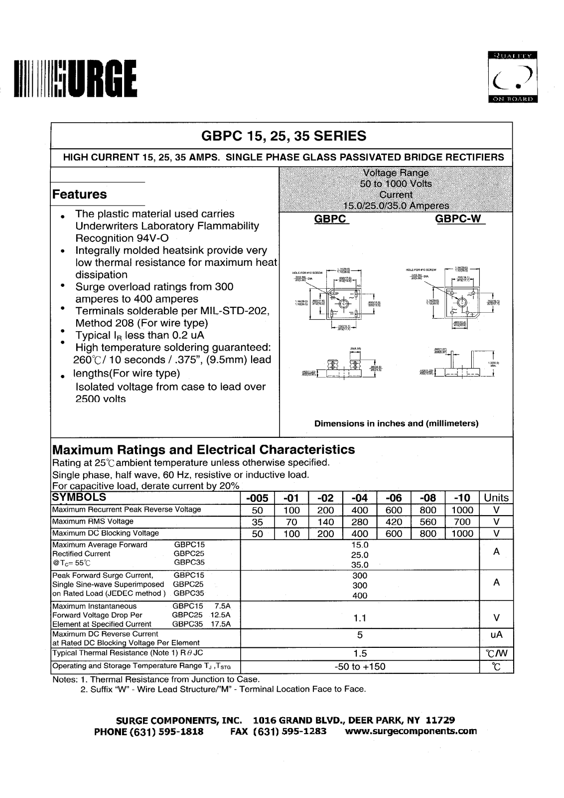 SURGE GBPC35W-10, GBPC35W-08, GBPC35W-06, GBPC35W-04, GBPC35W-02 Datasheet