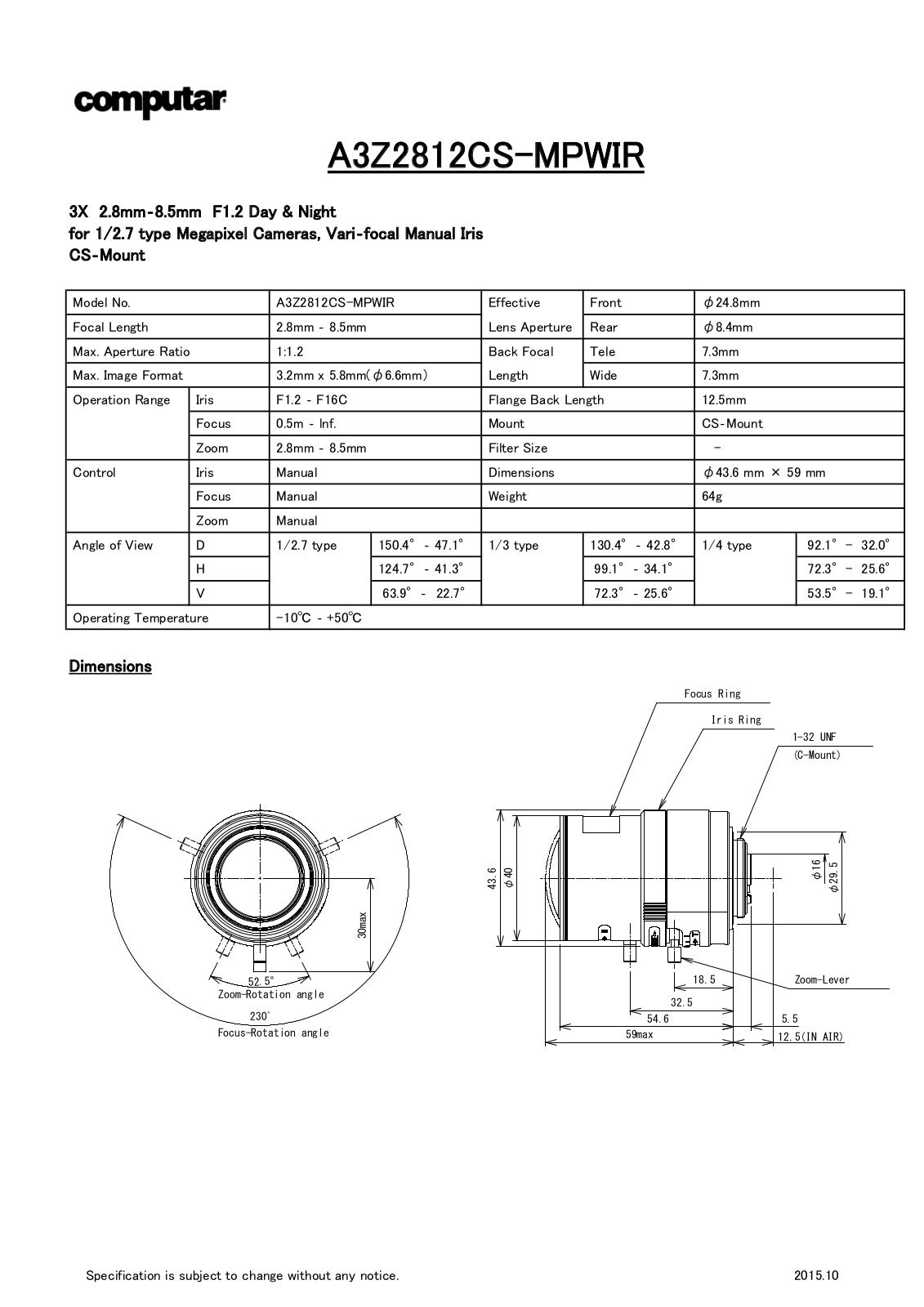 Computar A3Z2812CS-MPWIR Specsheet