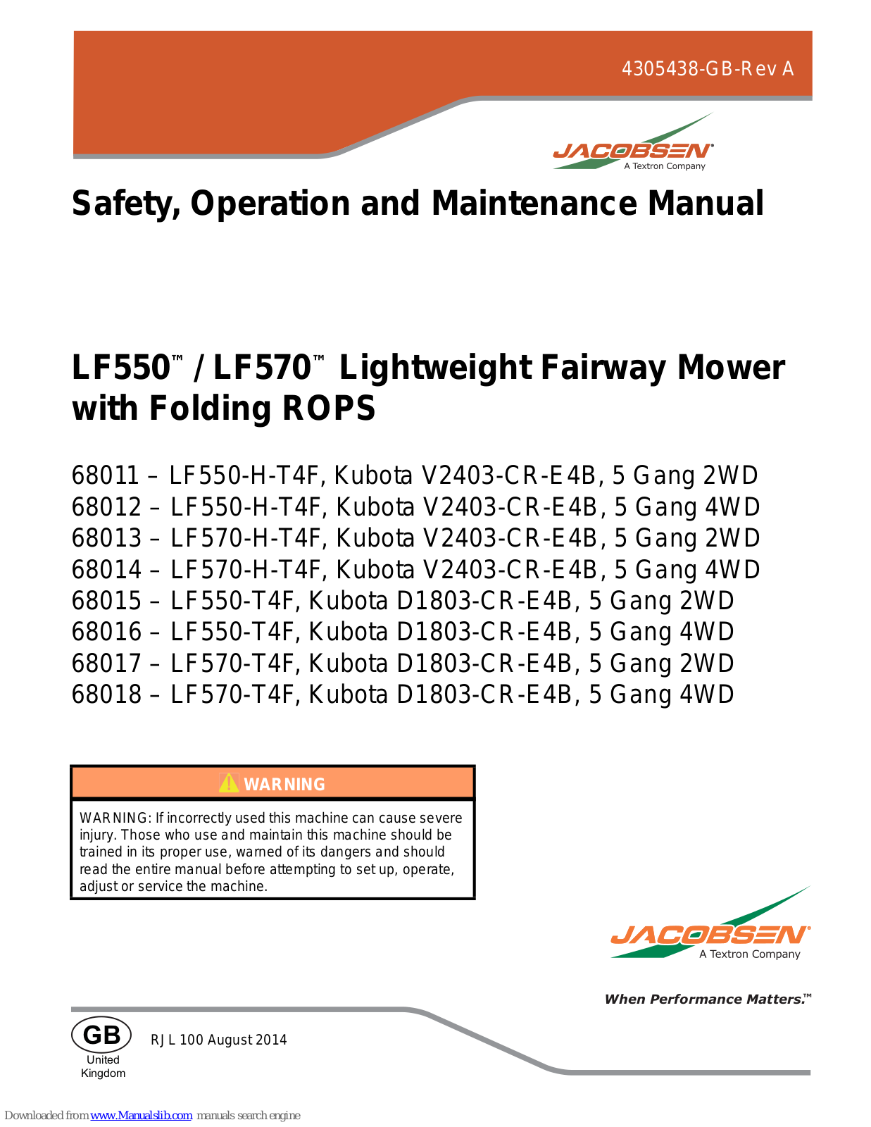 Jacobsen LF550-H-T4F, LF550-T4F, LF570-T4F, LF570-H-T4F Safety, Operation And Maintenance Manual - ManualMachine.com