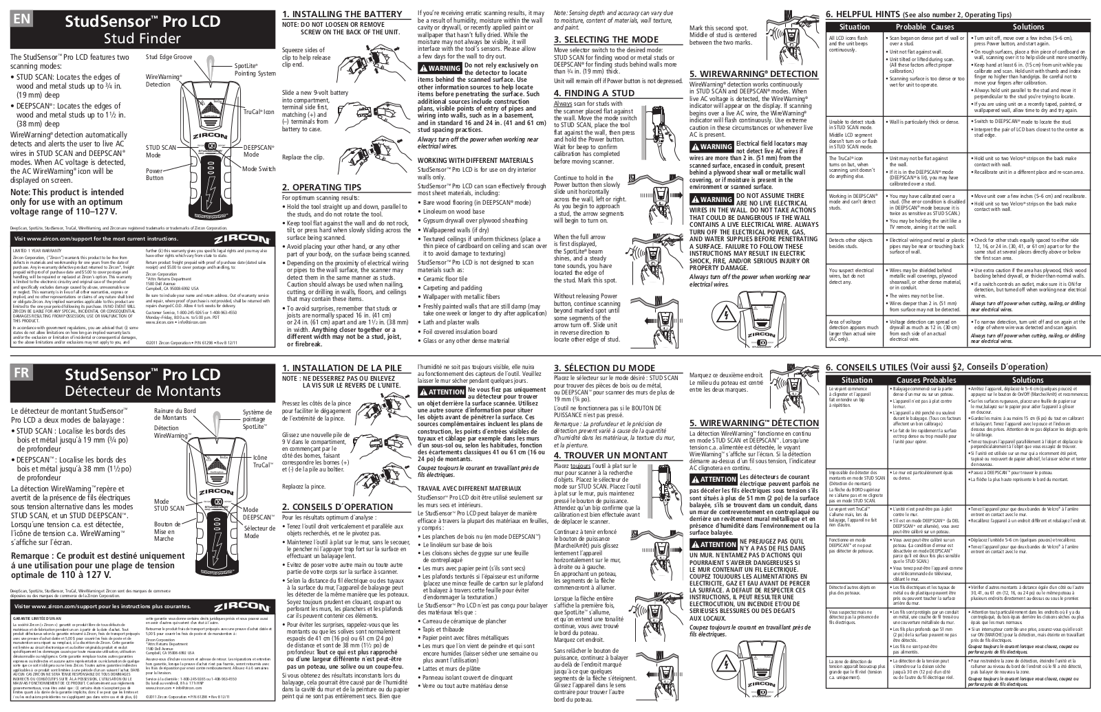 Zircon StudSensor Pro LCD Owner's Manual