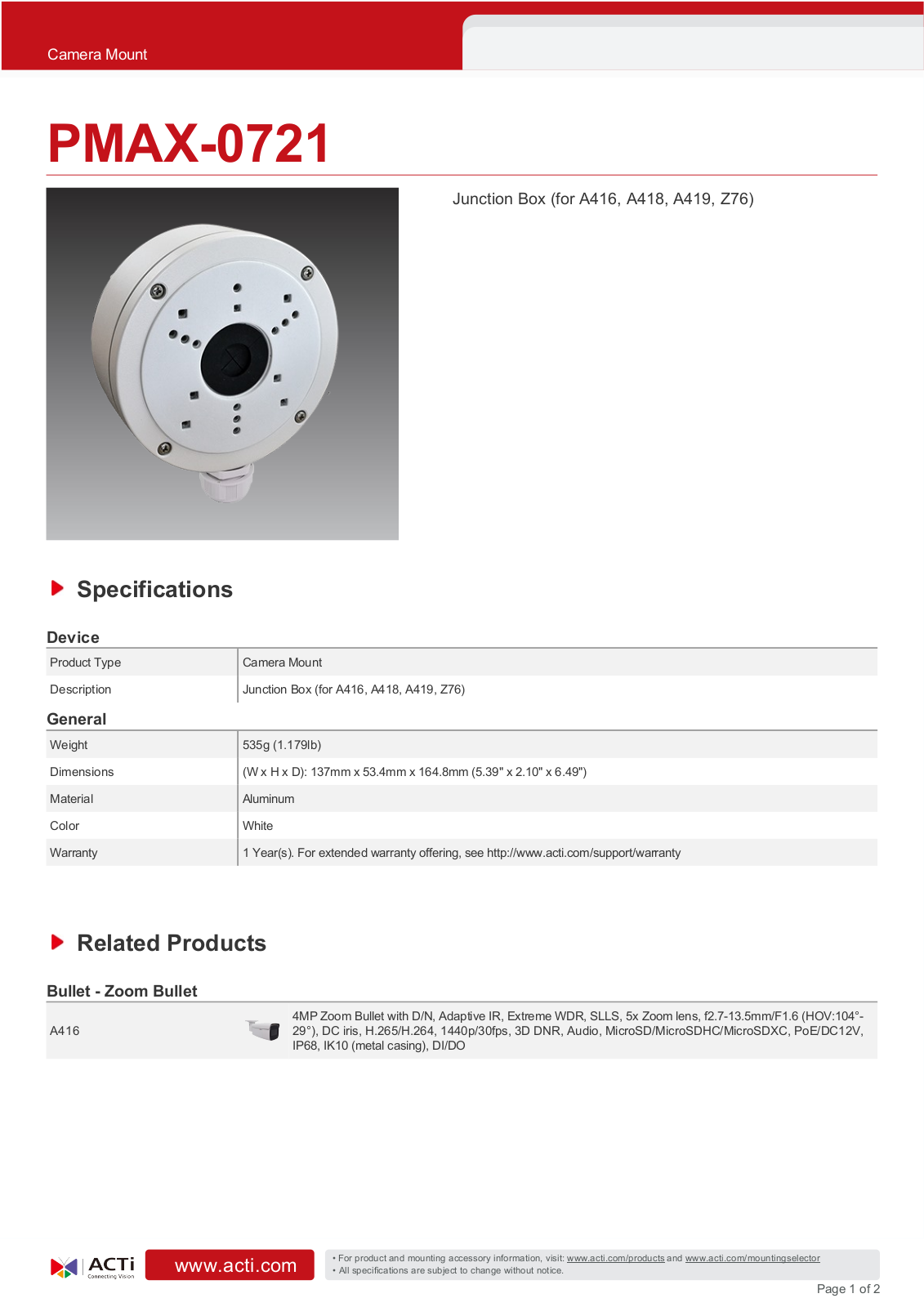 ACTi PMAX-0721 Specsheet