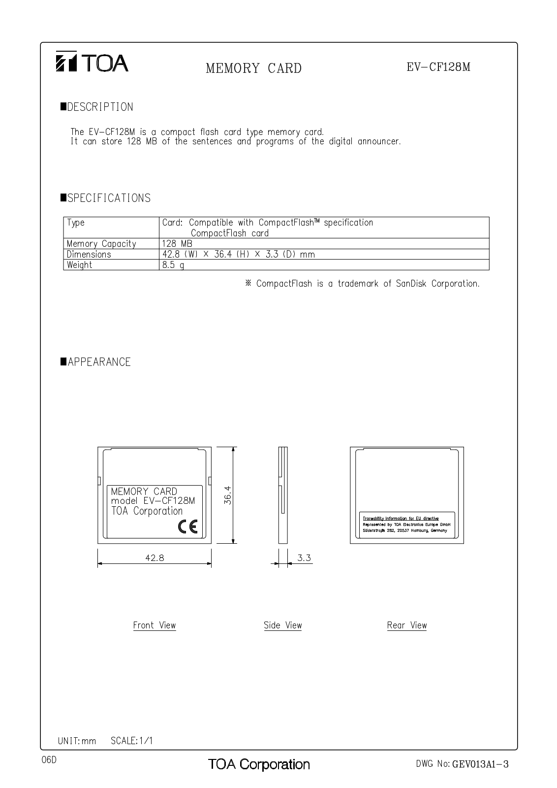 TOA EV-CF128M User Manual