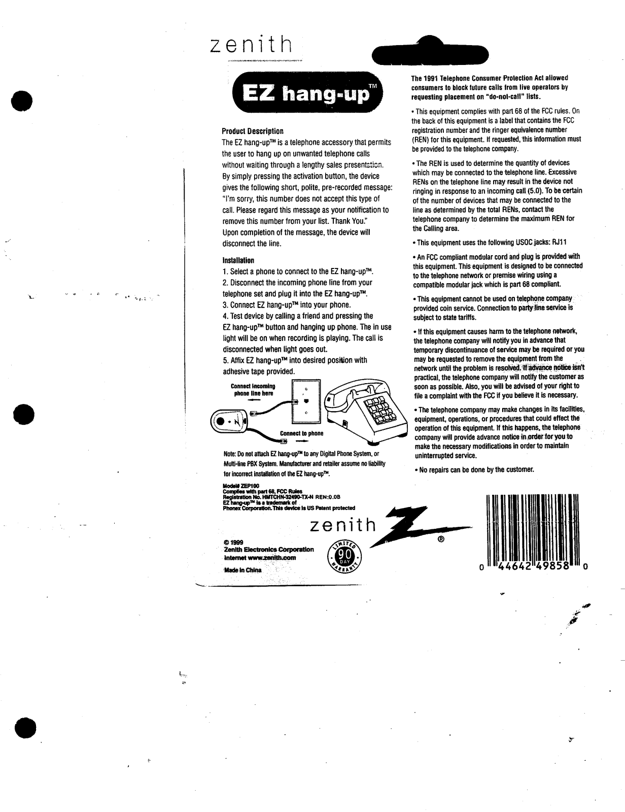 Zenith EZ HANG-UP OPERATING GUIDE